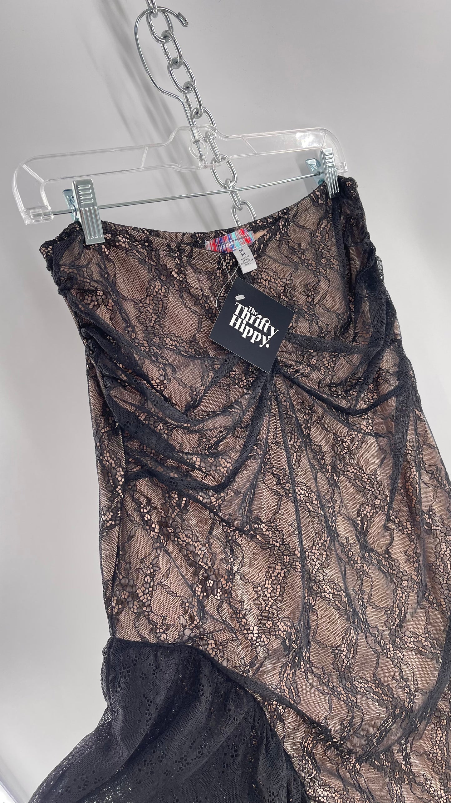 Urban Outfitters Black Lace Midi Skirt with Nude Underlay (Medium)
