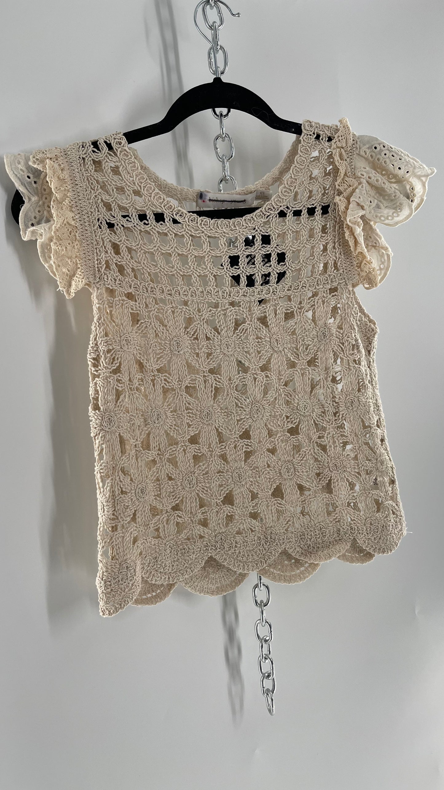 Bishop + Young Anthropologie Crochet Tank with Scalloped Hem and Lace Lined Sleeves (Medium)