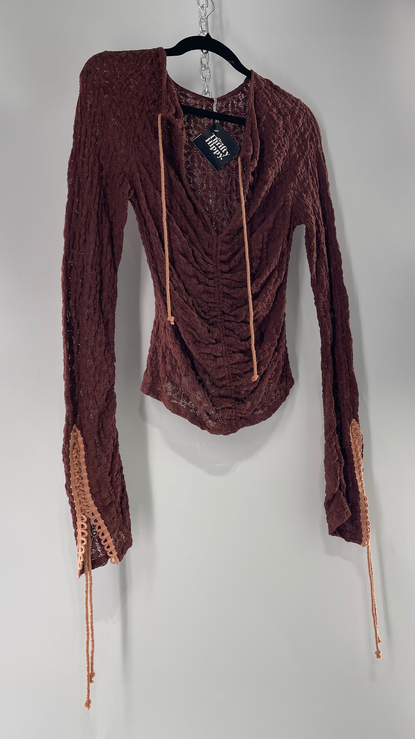Free People Burgundy Lace Long Sleeve with Pink Lace Up Sleeve Detail (Medium)
