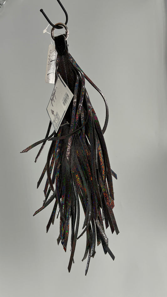 Free People Iridescent Silver Leather Feather Keychain Ring with Tags Attached