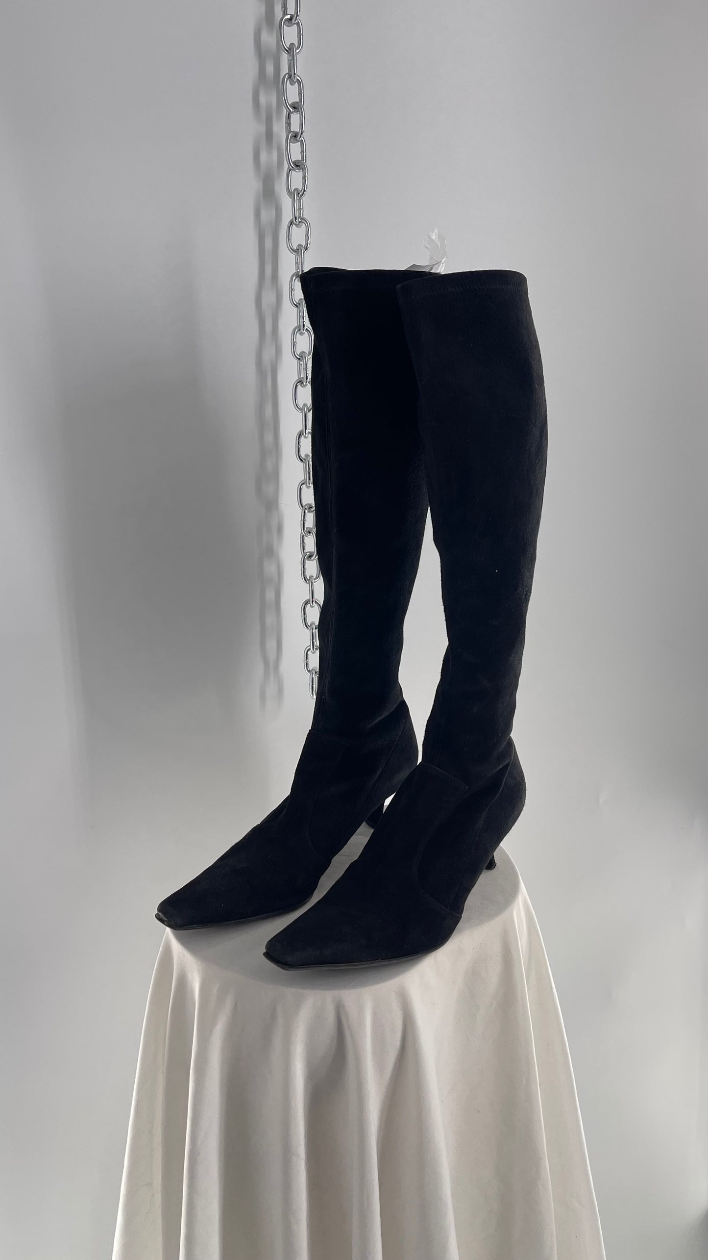 Vintage 1990s Stuart Weitzman Black Suede Leather Kitten Heel Pointed Toe Knee Highs (8.5)