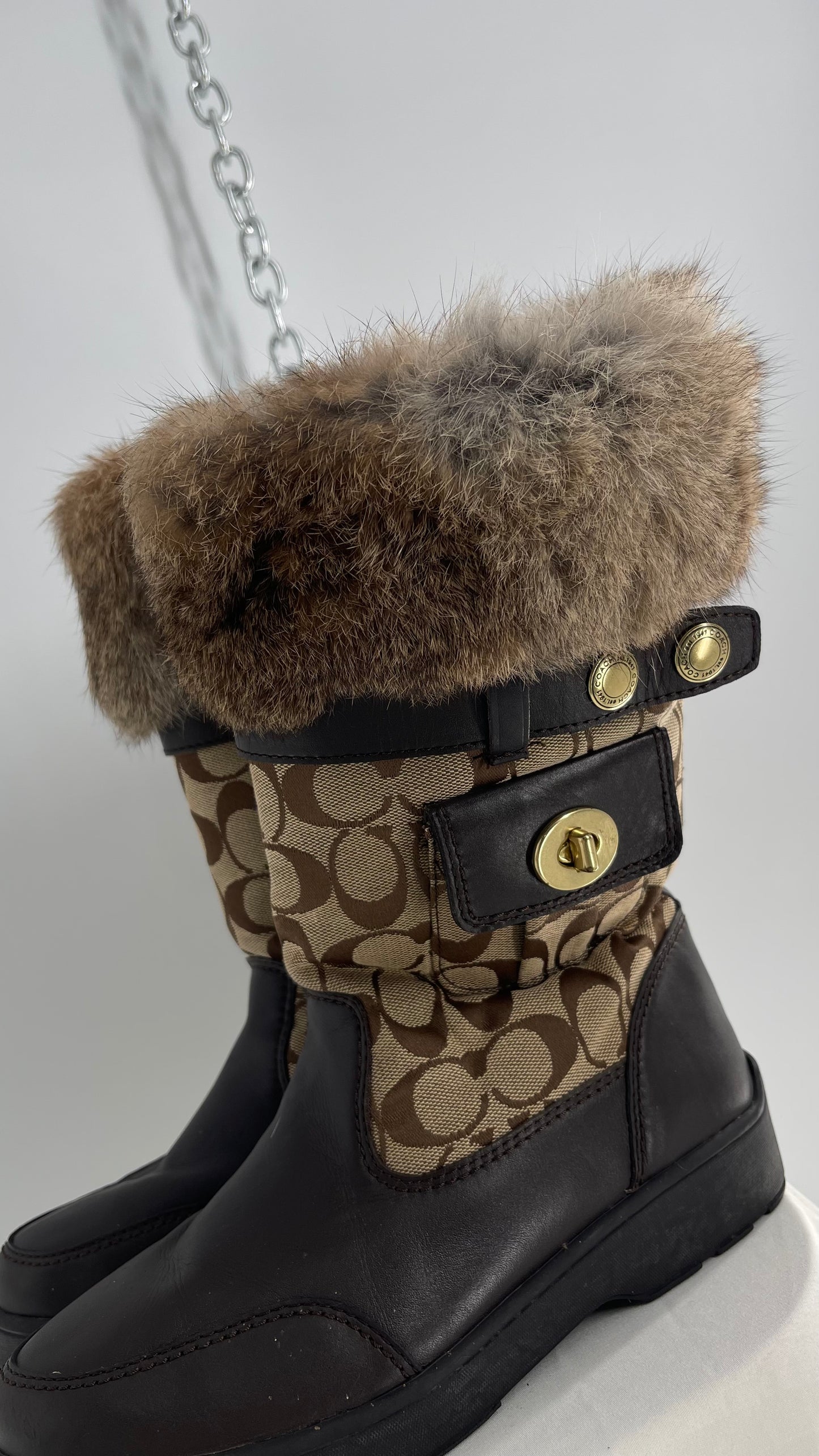 Coach Vintage Kimberly Brown Leather Quilted Monogram Rabbit Fur Trim Boot with Ankle Pouches (8.5)