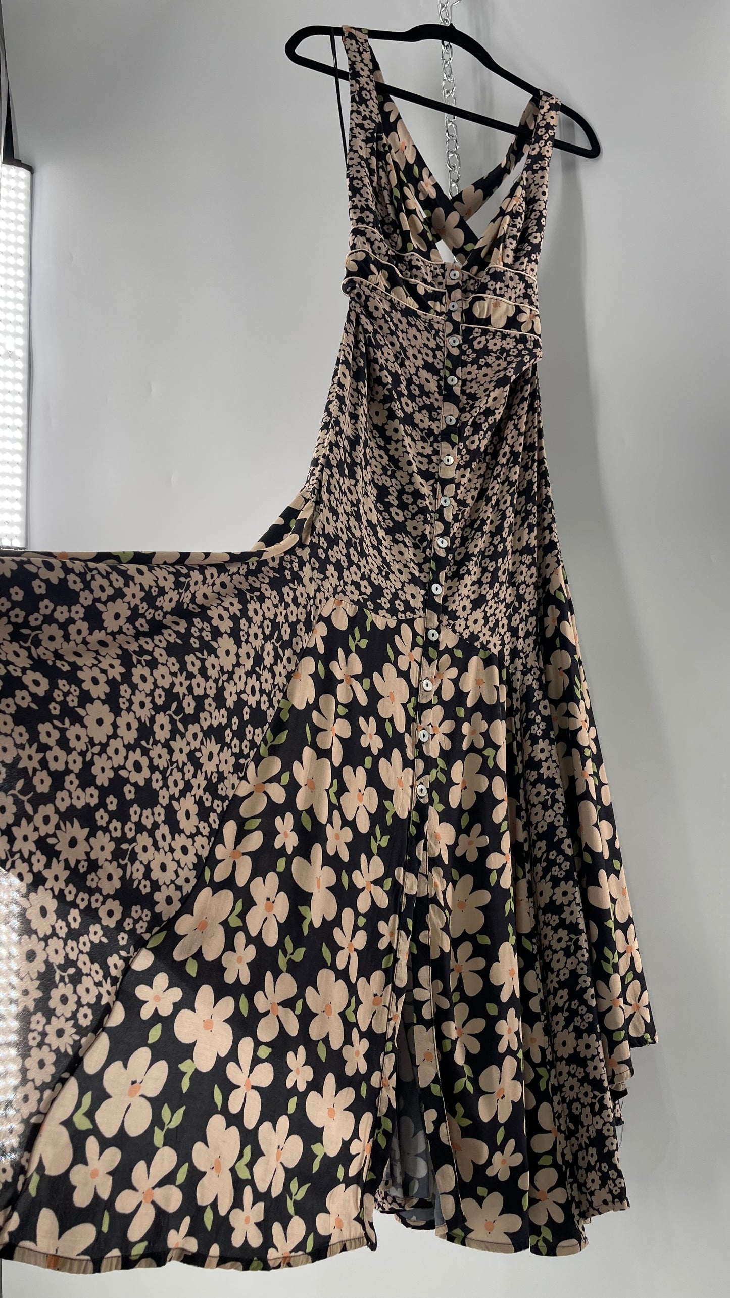 Free People Daisy Mixed Pattern Black/Beige Button Front Full Length Dress (XS)