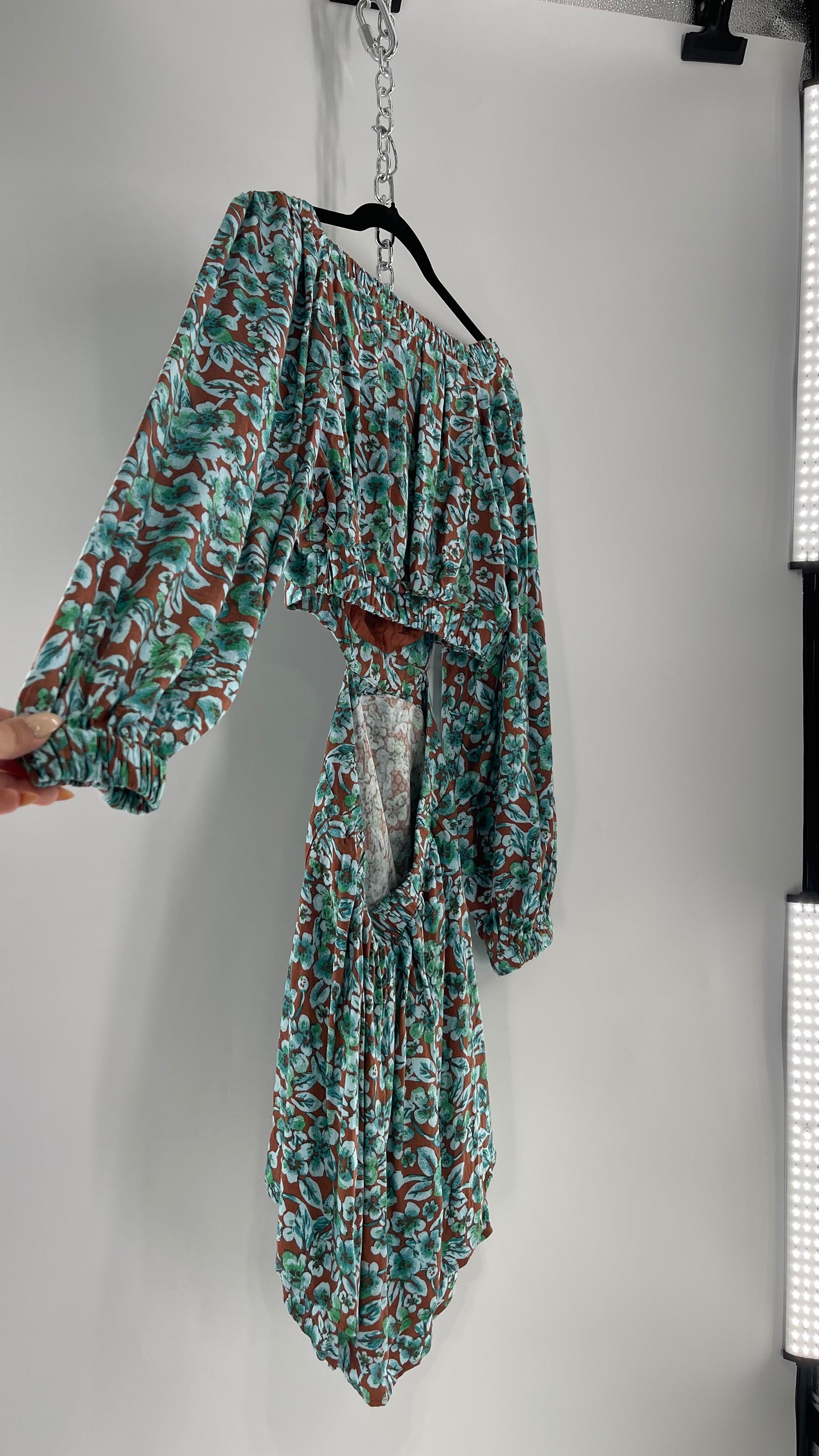 Free People Brown Cut Out Milkmaid Mini with Blue Florals (Medium)