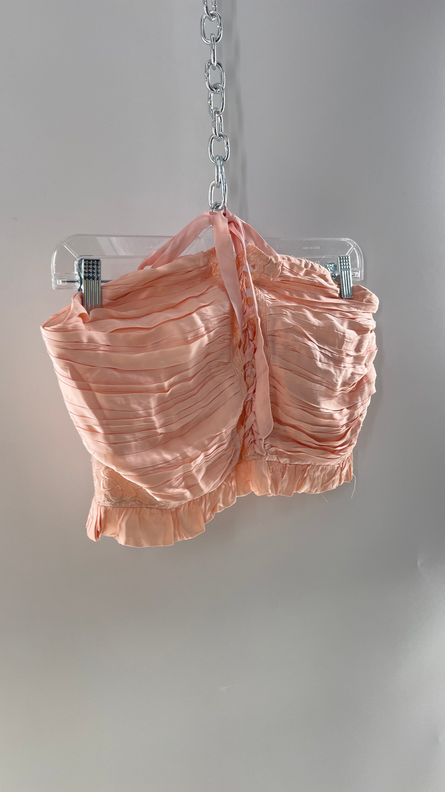 Free People Pink Viscose Pleated Tube Top with Ribbon Lace Up Bodice, Embroidered Flower Detail, and Ruffled Hem (Large)