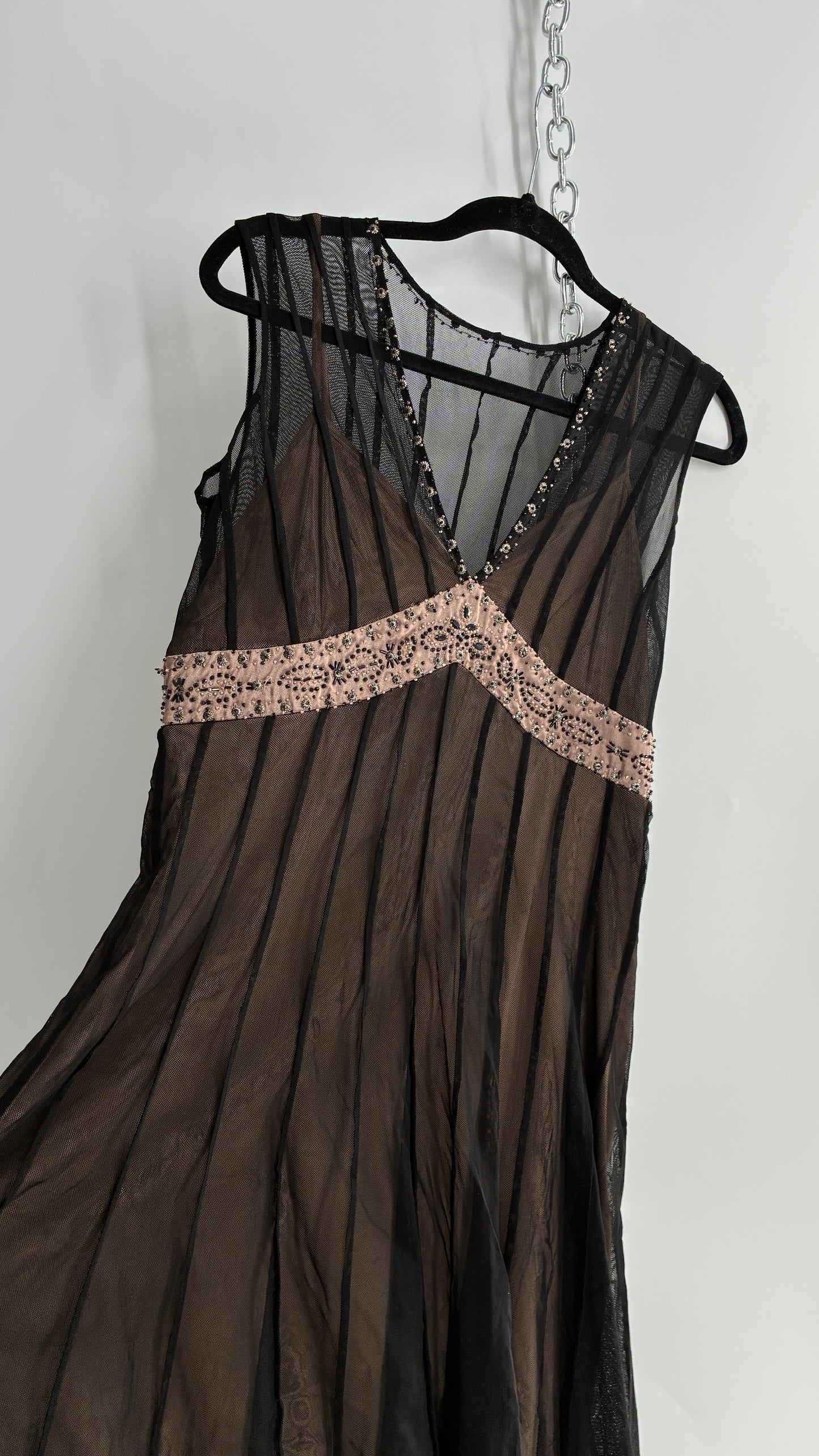 ECI NEW YORK Nude Camisole Dress with Black Mesh Overlay and Beaded Details (8)