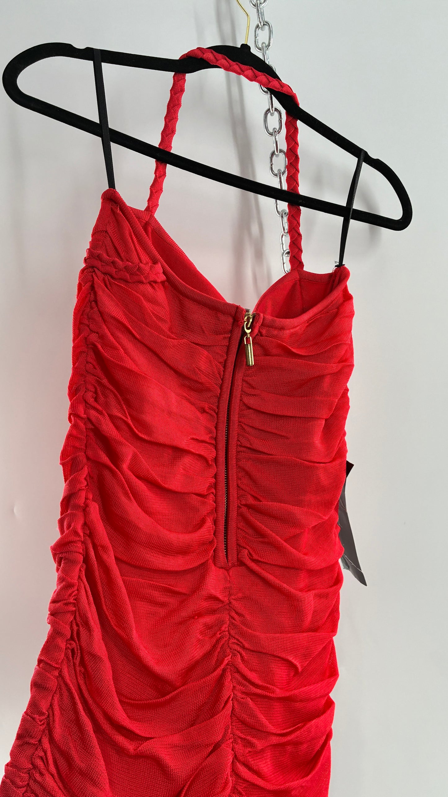 Deadstock Vintage BEBE Red Heavy/Thick Ruched and Roped Mini Dress (Medium)