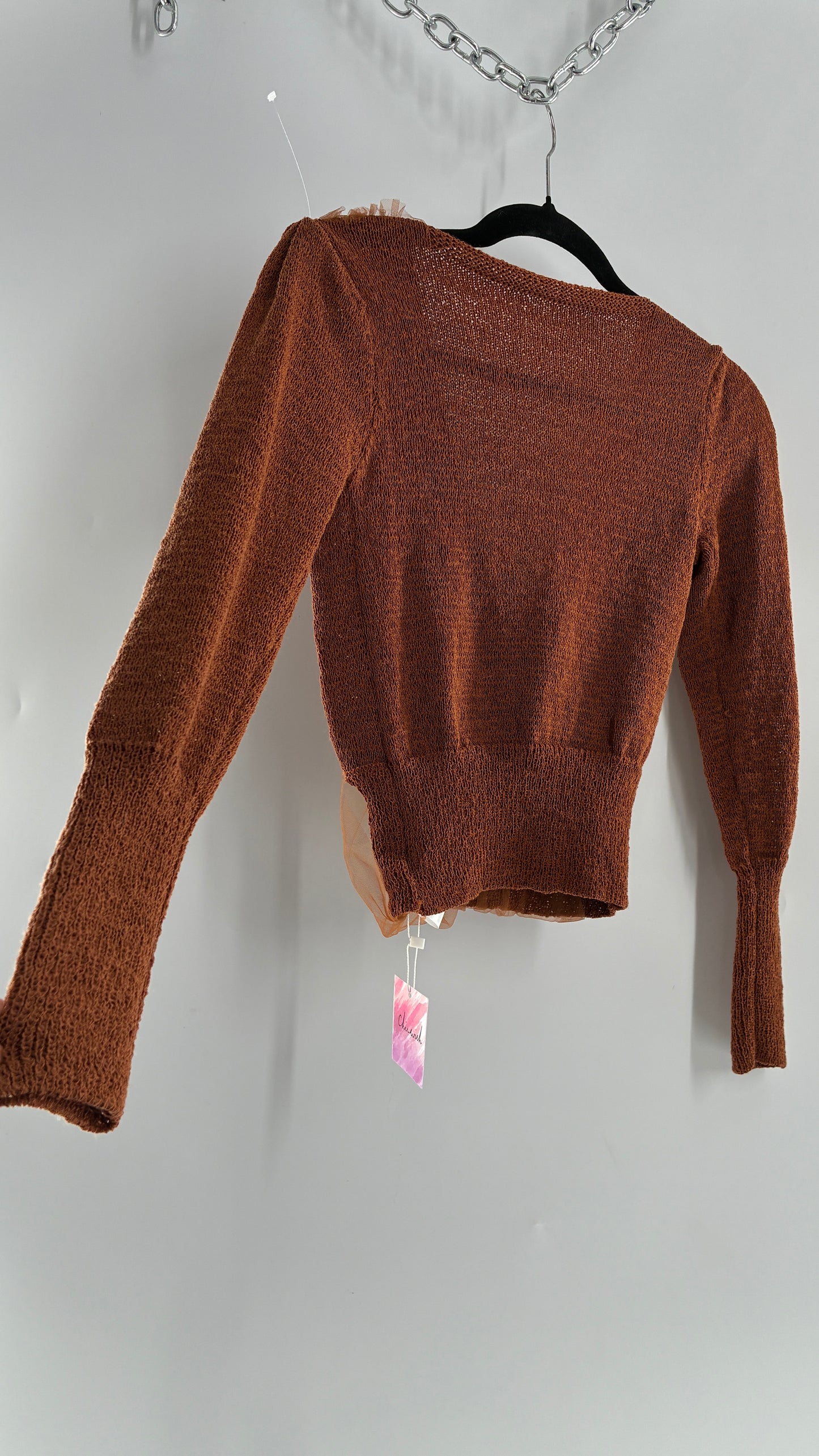 CHICWISH Brown Heavy Knit Balloon Sleeve, Tulle Ruched Details, and Tags Attached (Small)