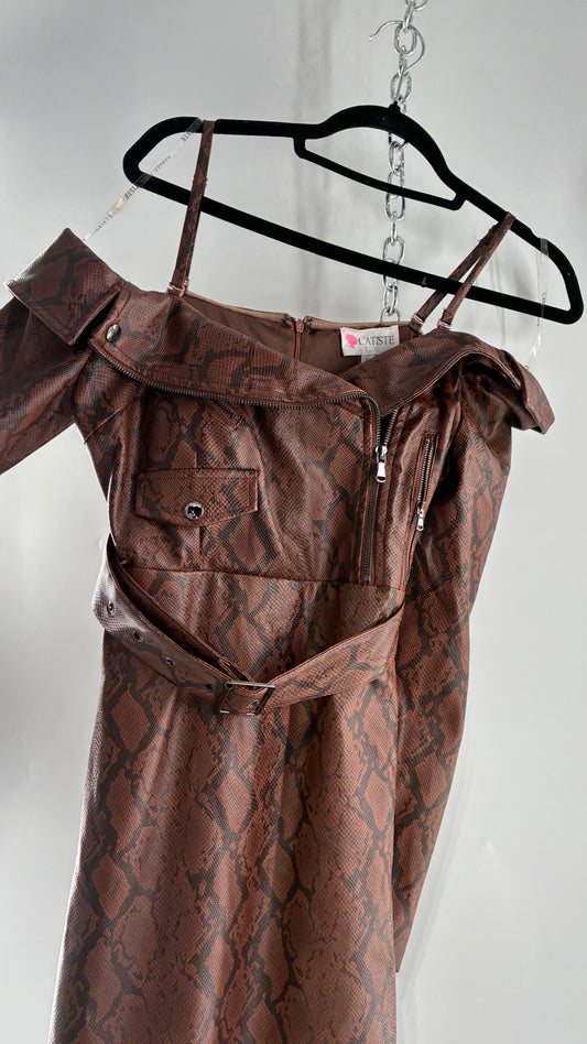 L’ATISTE Snakeskin Vegan Leather Moto Off the Shoulder, Knee High Dress (Medium)