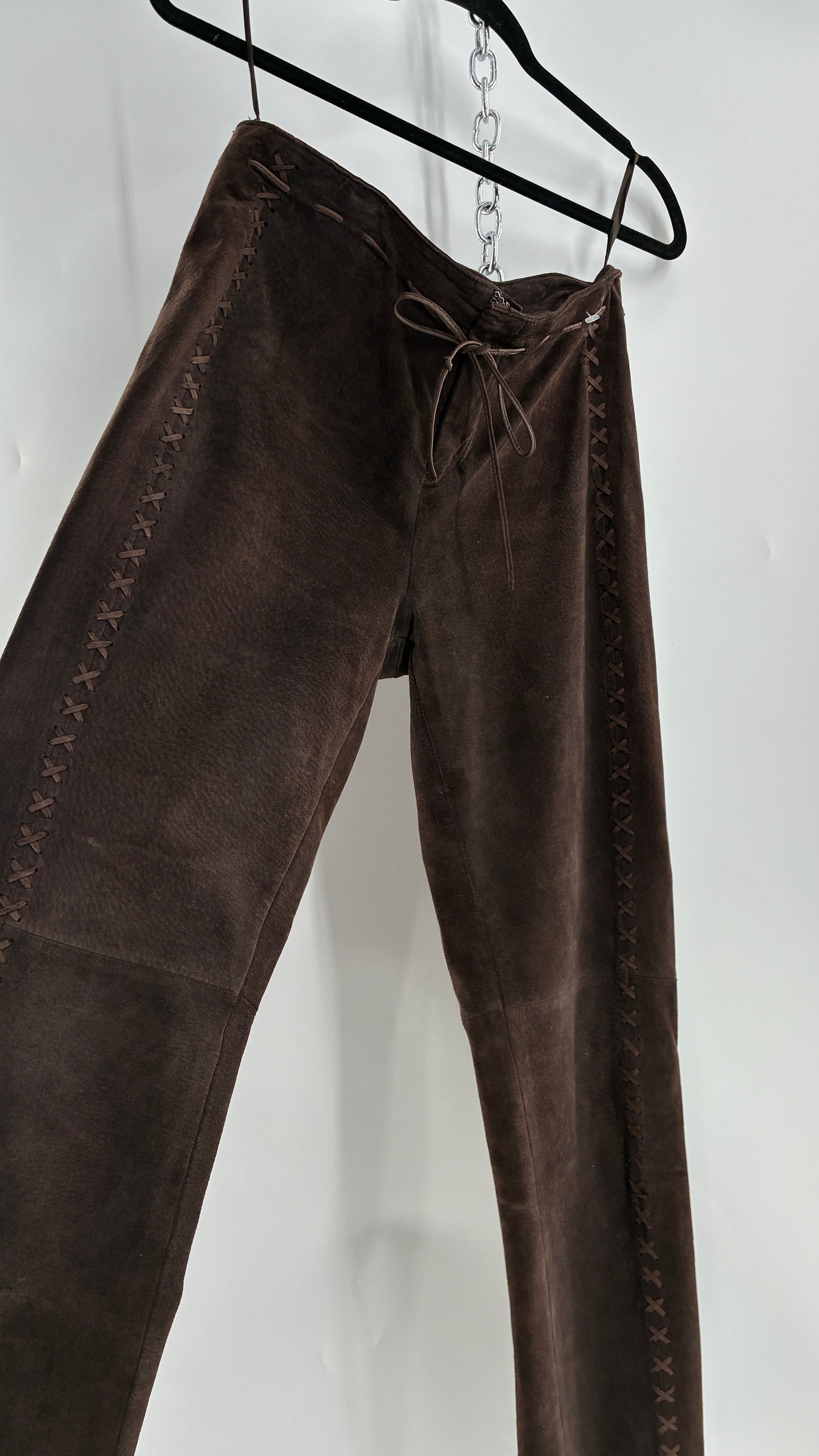 Vintage FOR JOSEPH Low Rise, Chocolate Brown Suede Pants with Leather Stitch Sides and Bow Closure (28)