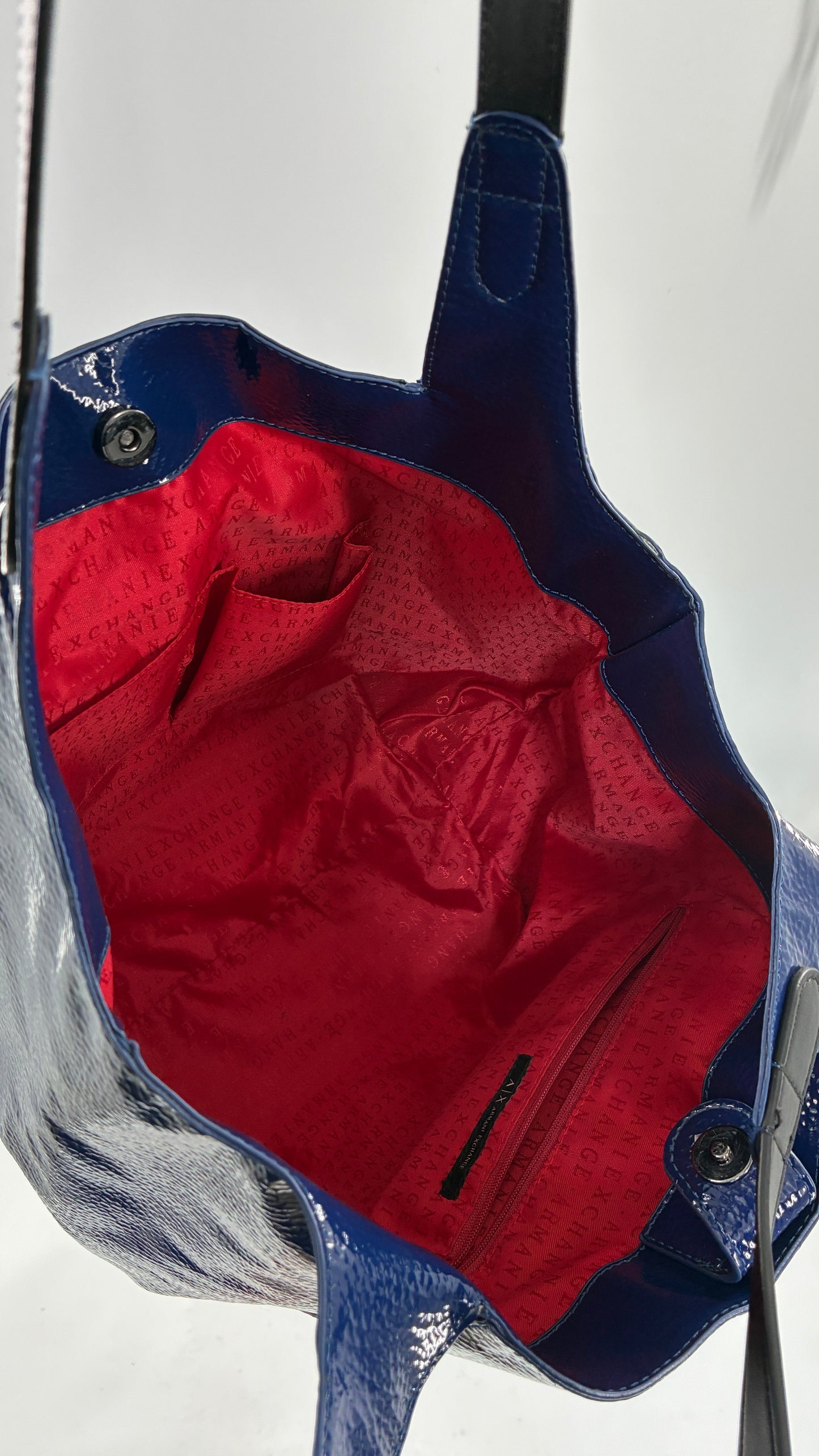 Vintage ARMANI EXCHANGE Navy Blue Patent Tote Bag with Contrasting Red Zipper