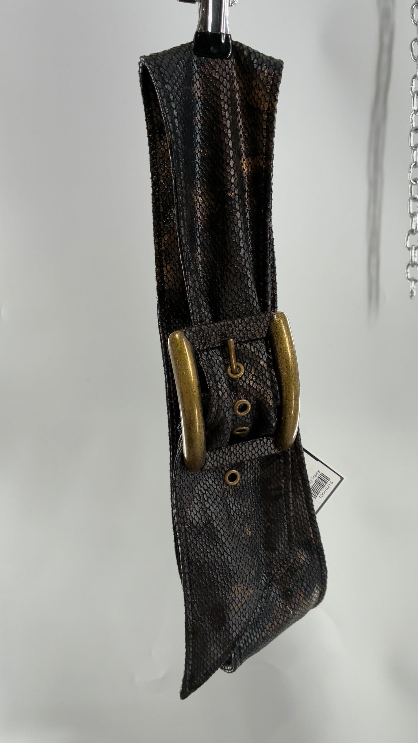 Vintage Snake Skin Patterned Wide Belt with Gold Brass Oversized Buckle (Large)