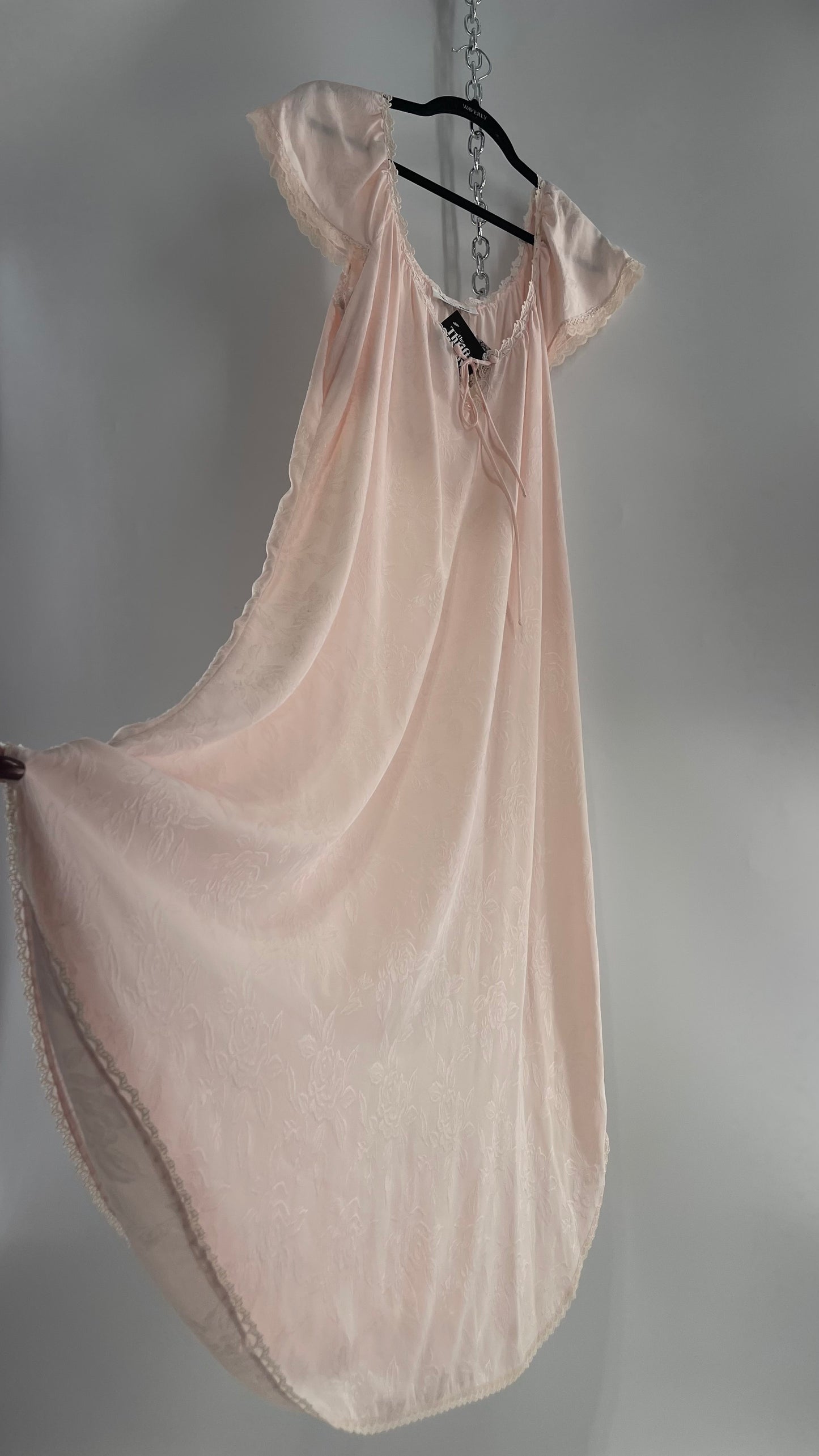 Vintage Christian Dior Pink Night Gown/ Maxi Dress with Floral Embossed Design, Lace Trim and Rosettes (Large)