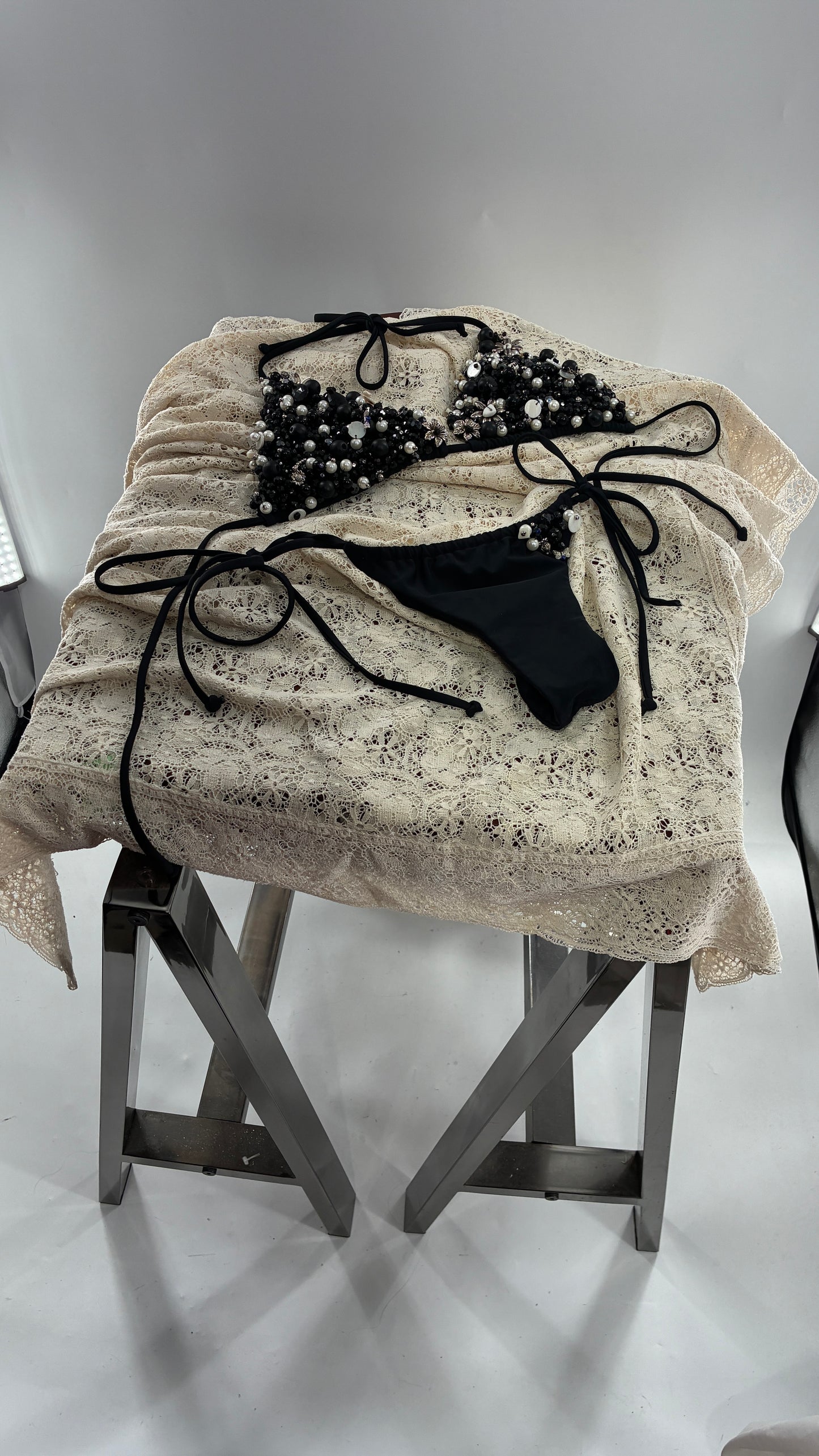 CUSTOM 1/1 Black Swimsuit Covered in Hand Placed and Sewn Beads, Charms, and Gems (MEDIUM)