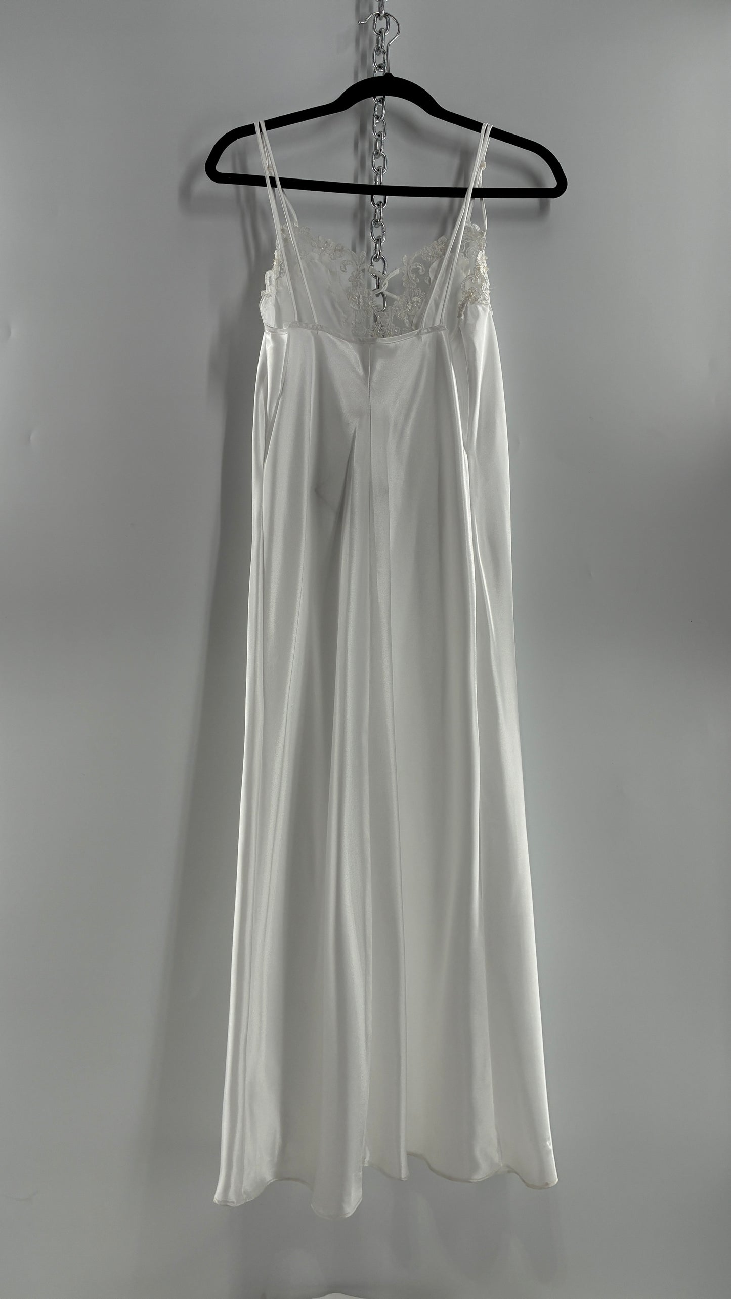 Vintage California Dynasty White Glossy, Silky Night Gown Style Dress with Sequined Lace Bustline (Small)