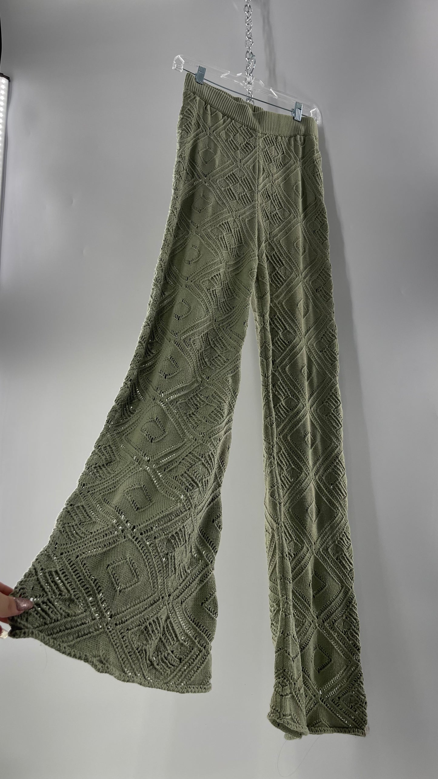 Free People Beach Sage Green Crochet Wooden Button Front Cardigan and Wide Leg Set (Medium)