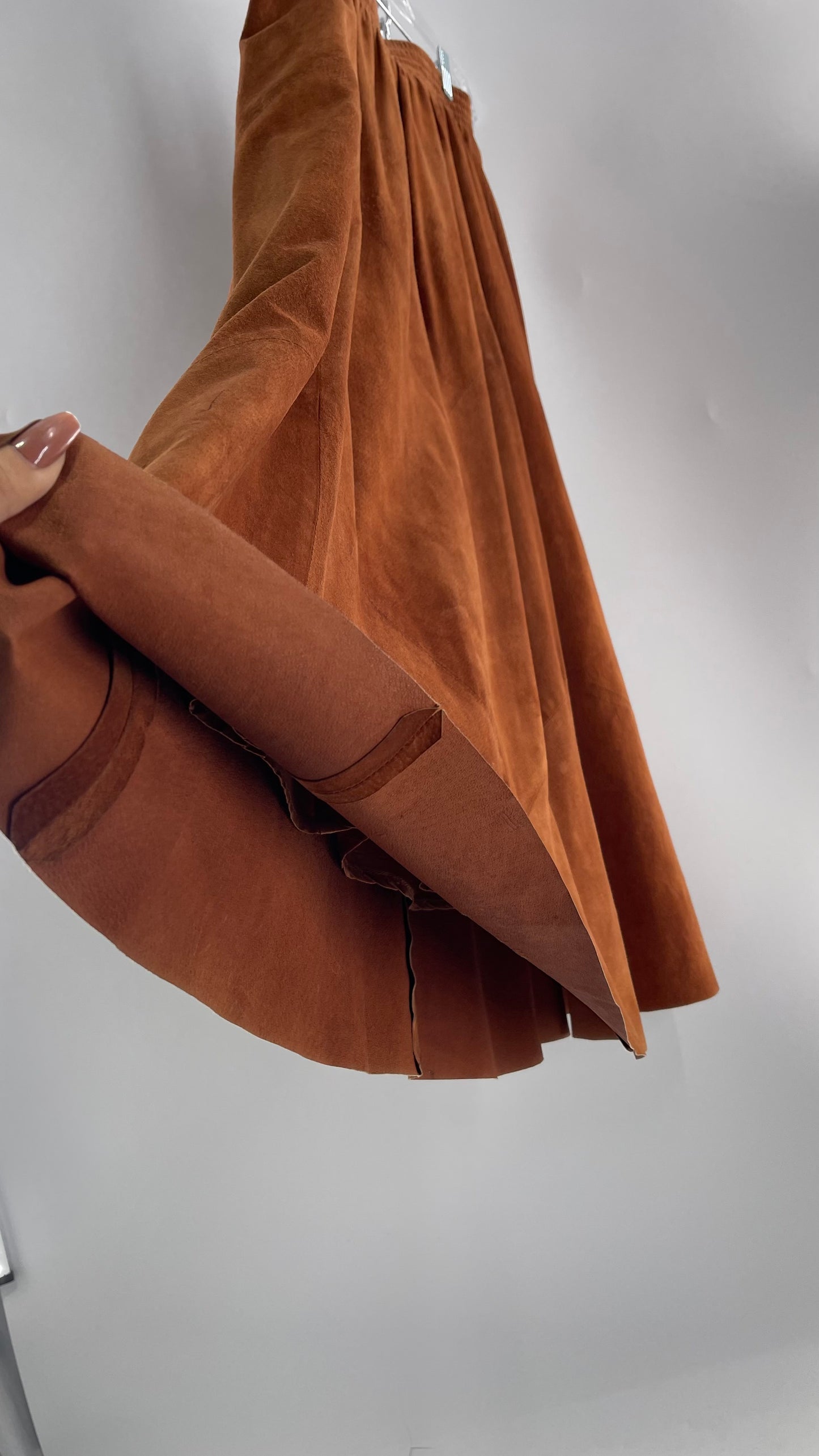 Vintage Brown Leather Suede Paneled Voluminous Skirt Assembled in Mexico (S)