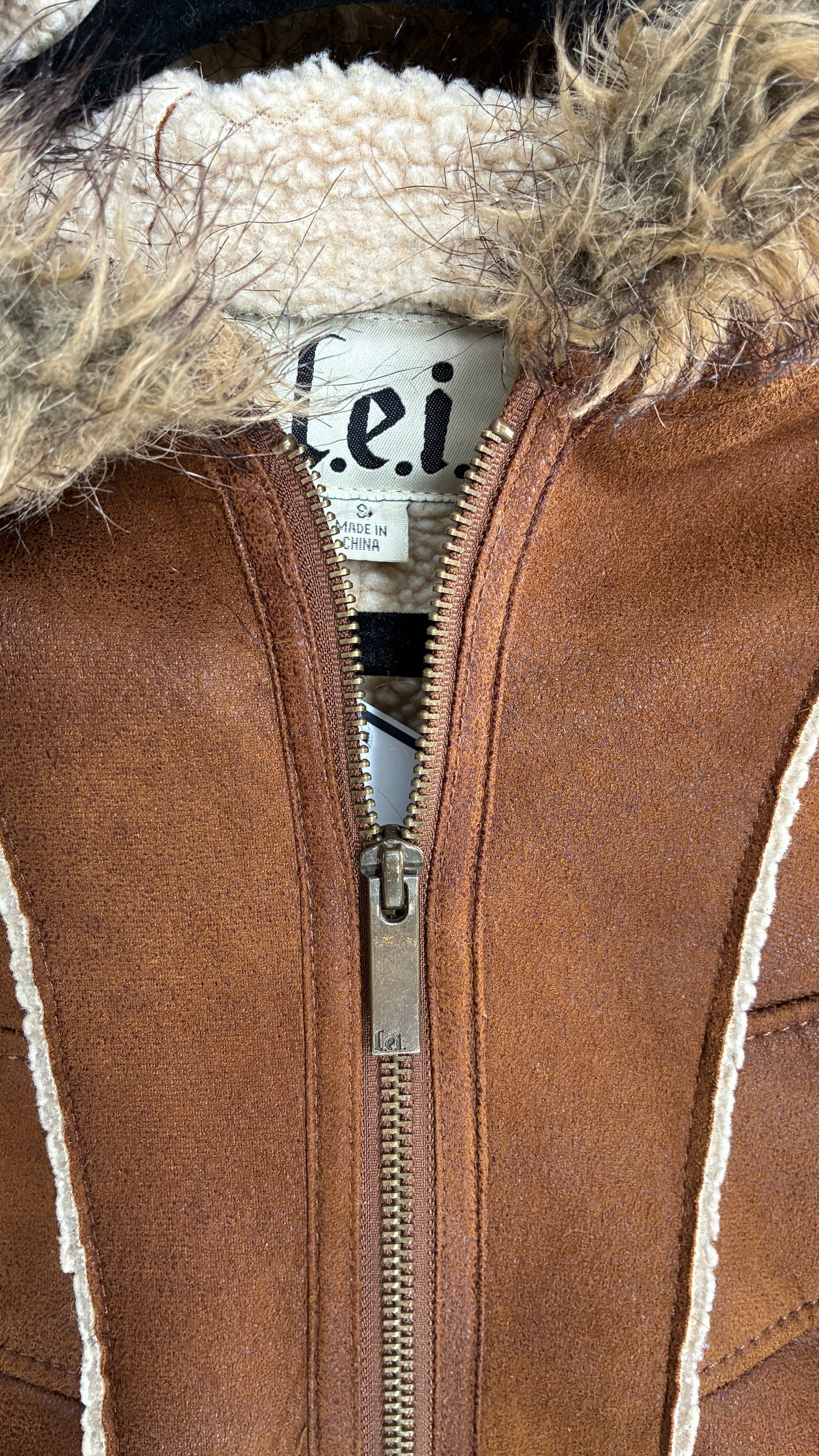 Vintage LEI Vegan Suede Sherpa Jacket with Faux Fur Hood (Small)