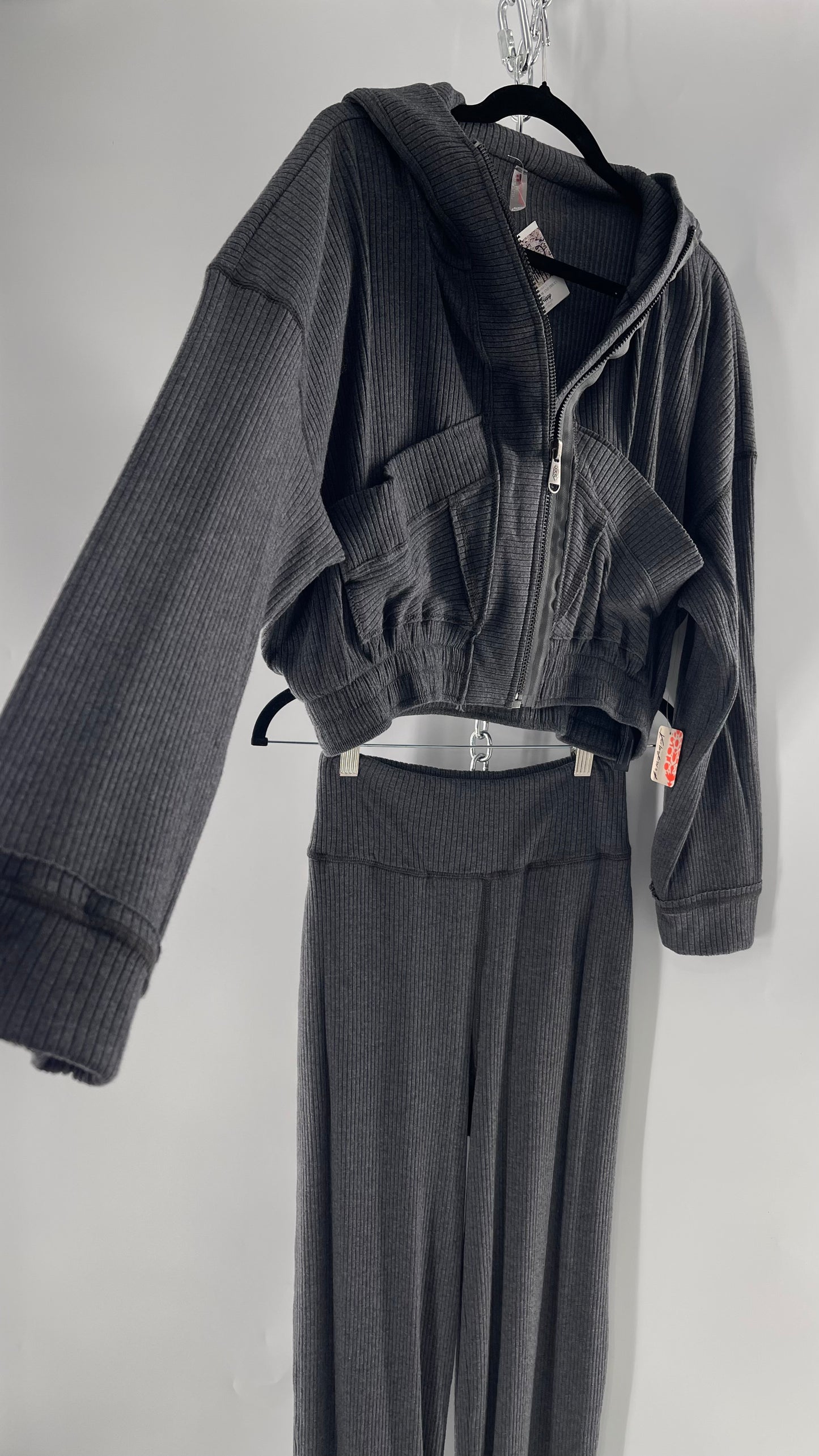 Free People Charcoal Slate Gray 2 Piece Set with Cropped Hoodie and Jogger Sweats with Tags Attached (XS)