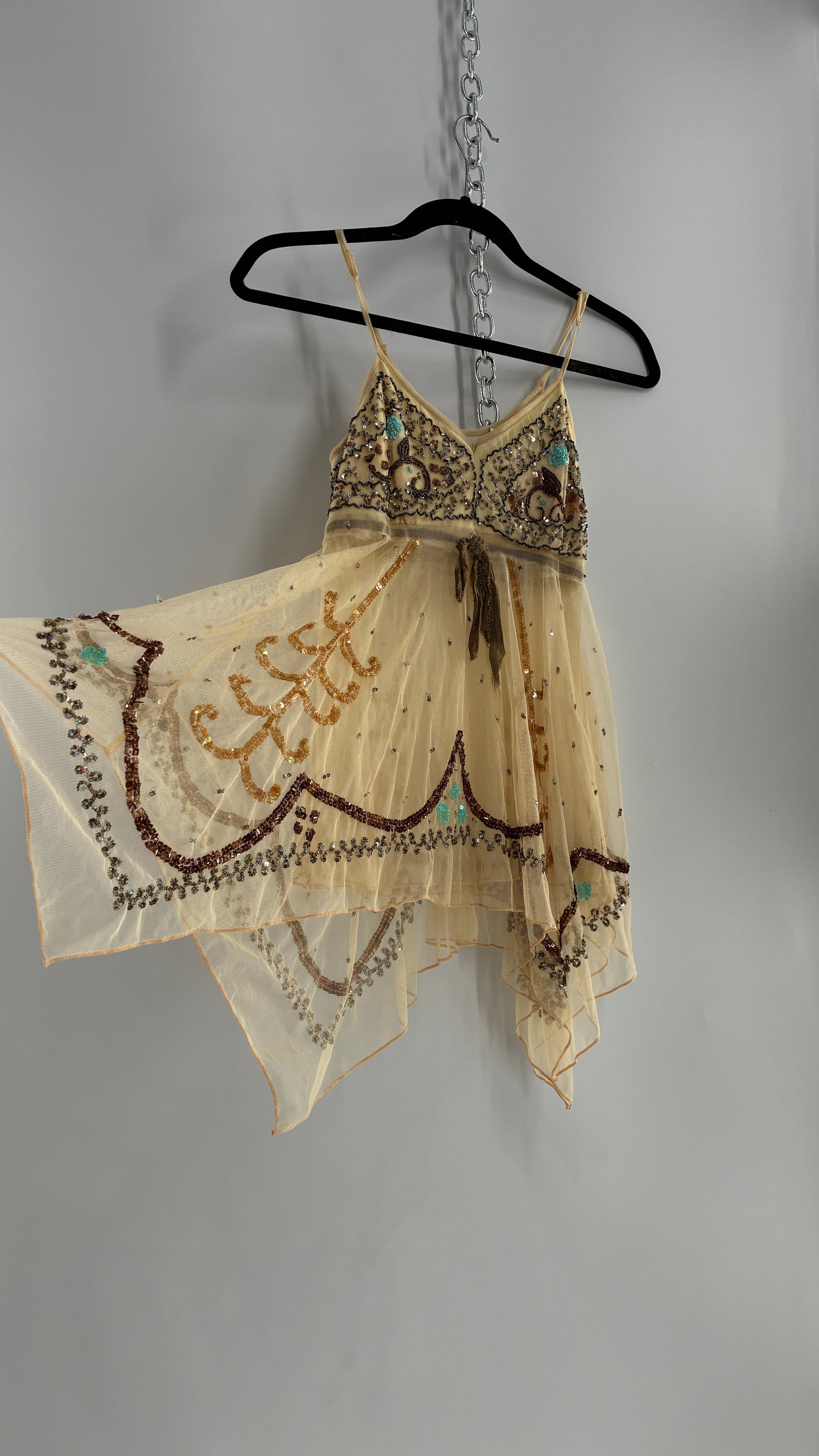 Handmade Beige Handkerchief Camisole with Hand Beaded Details (XS)