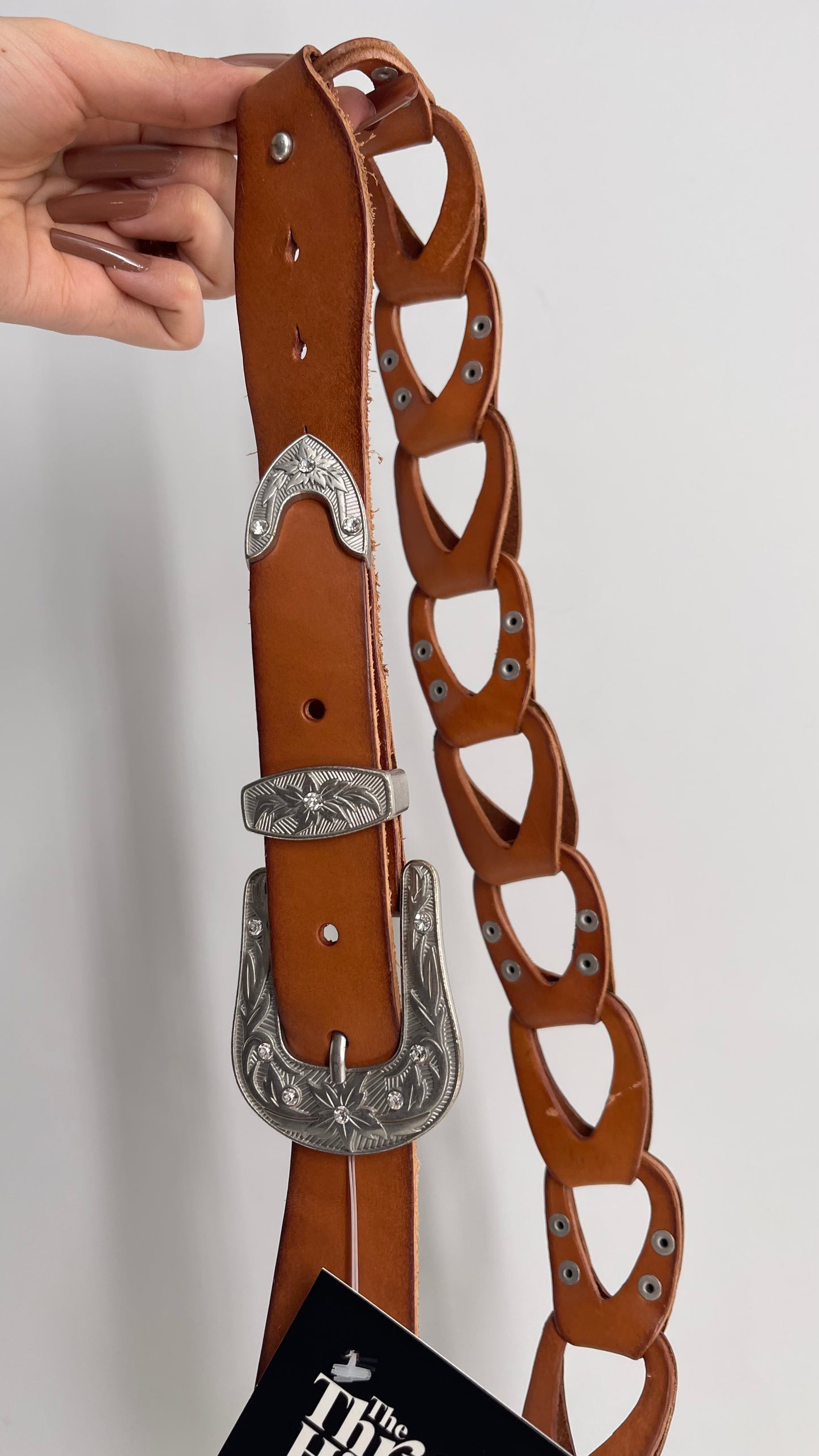 Free People Leather Link Belt with Western Buckle and Silver Studs (S/M)