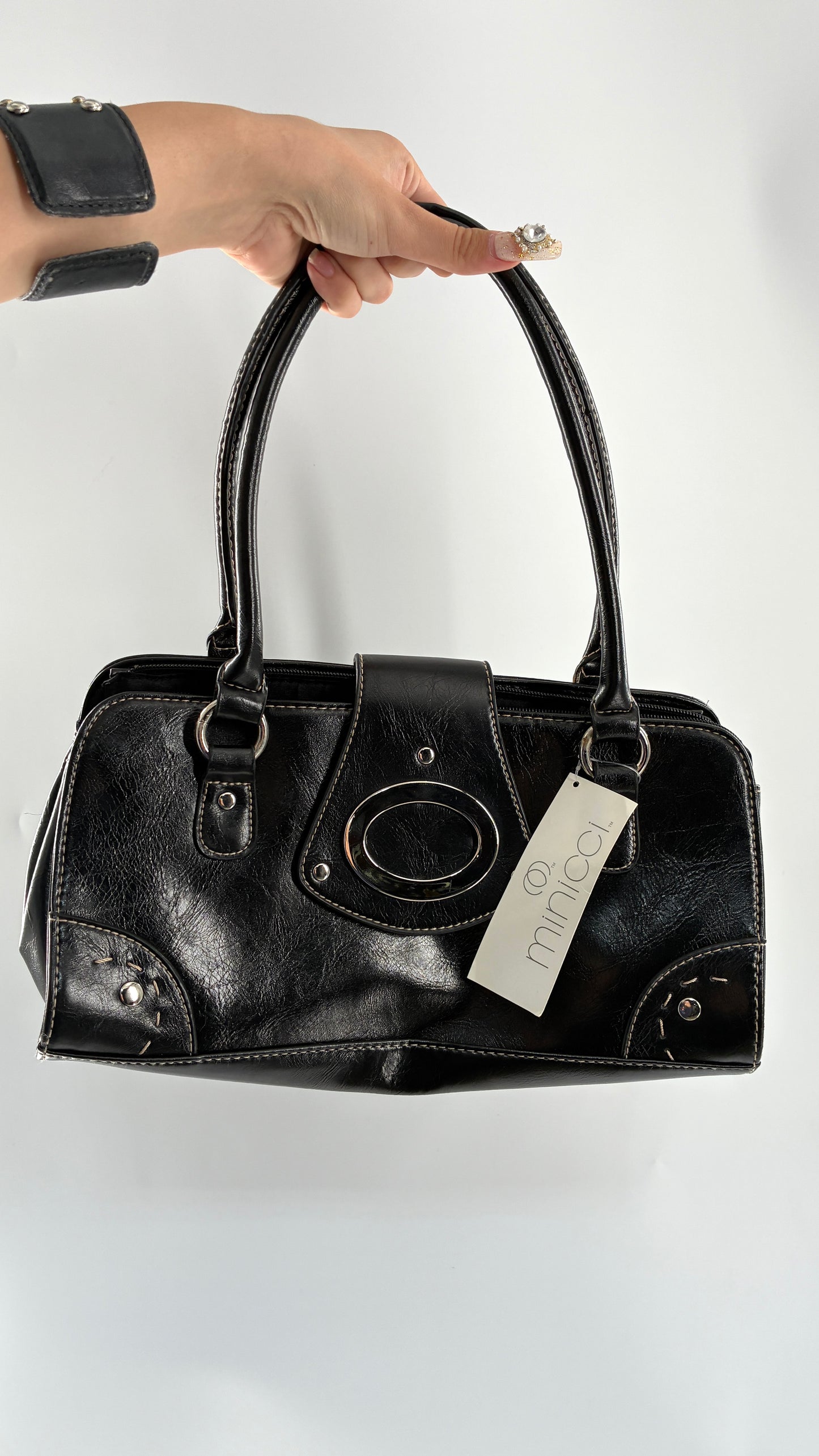 Deadstock Vintage MINICCI Black Shoulder Bag With Silver Hardware, Exaggerated Stitching