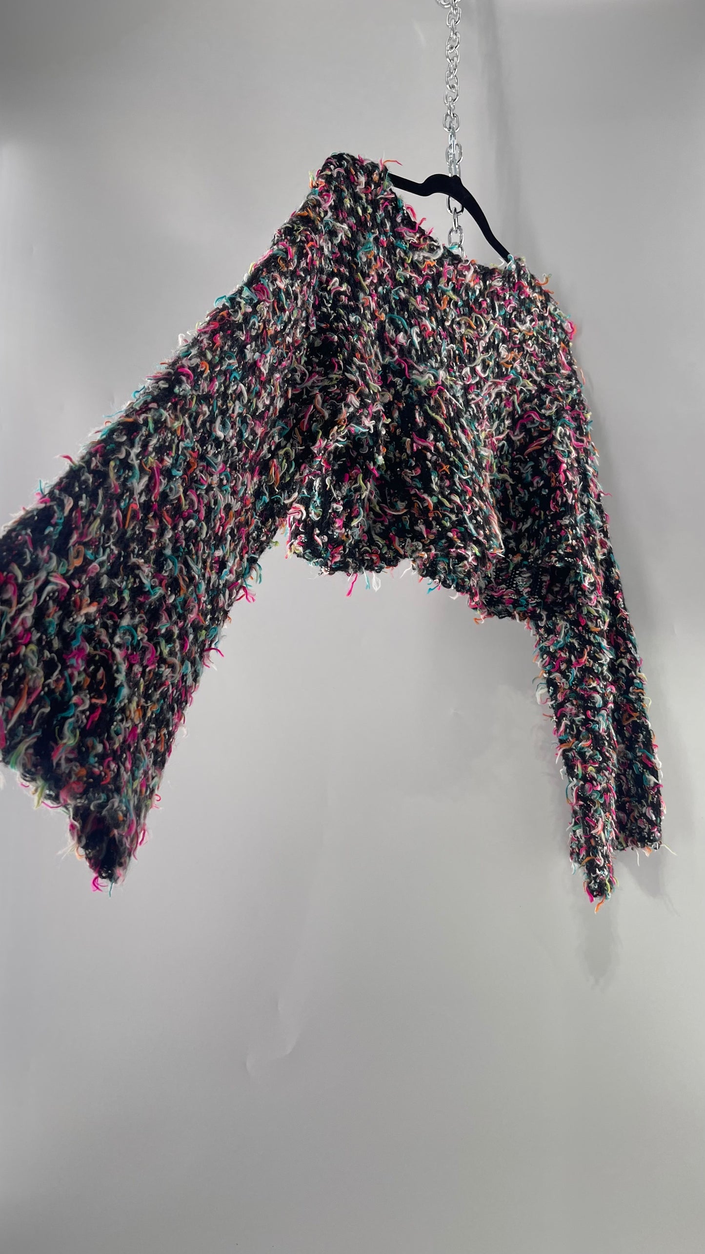 Urban Outfitters Shaggy Black Cropped Sweater with Colorful Threads (Medium)