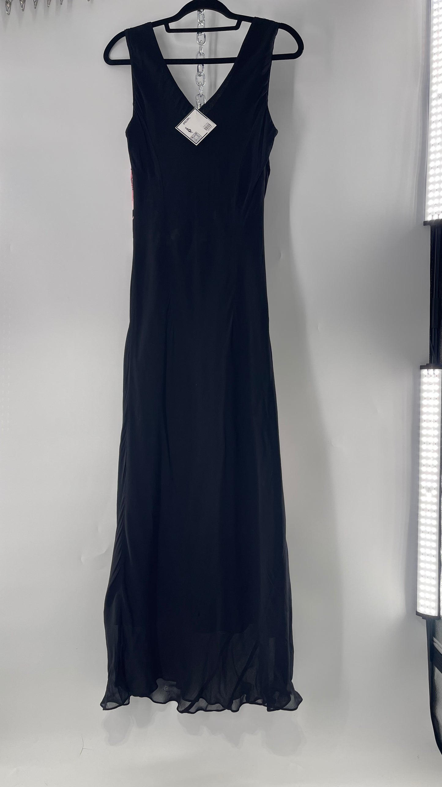 Vintage Dress Barn Black Slinky Maxi Dress with Pink Floral Graphic and Sequins (L)