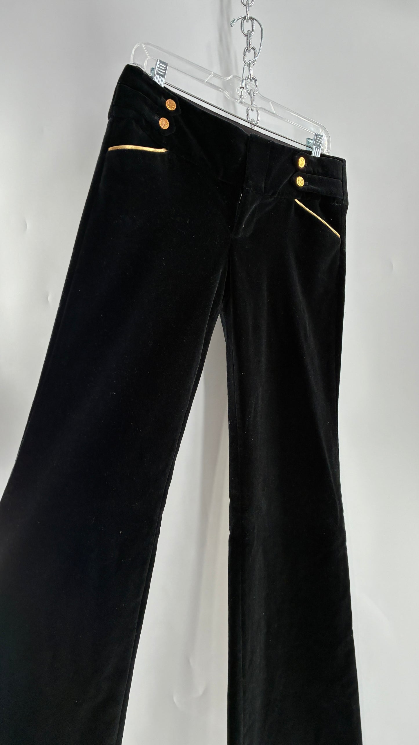 Vintage Alice + Olivia Thick Black Velour Low Rise Kickflare Pants with Thick Waistband with Gold Coin Detailing (6)