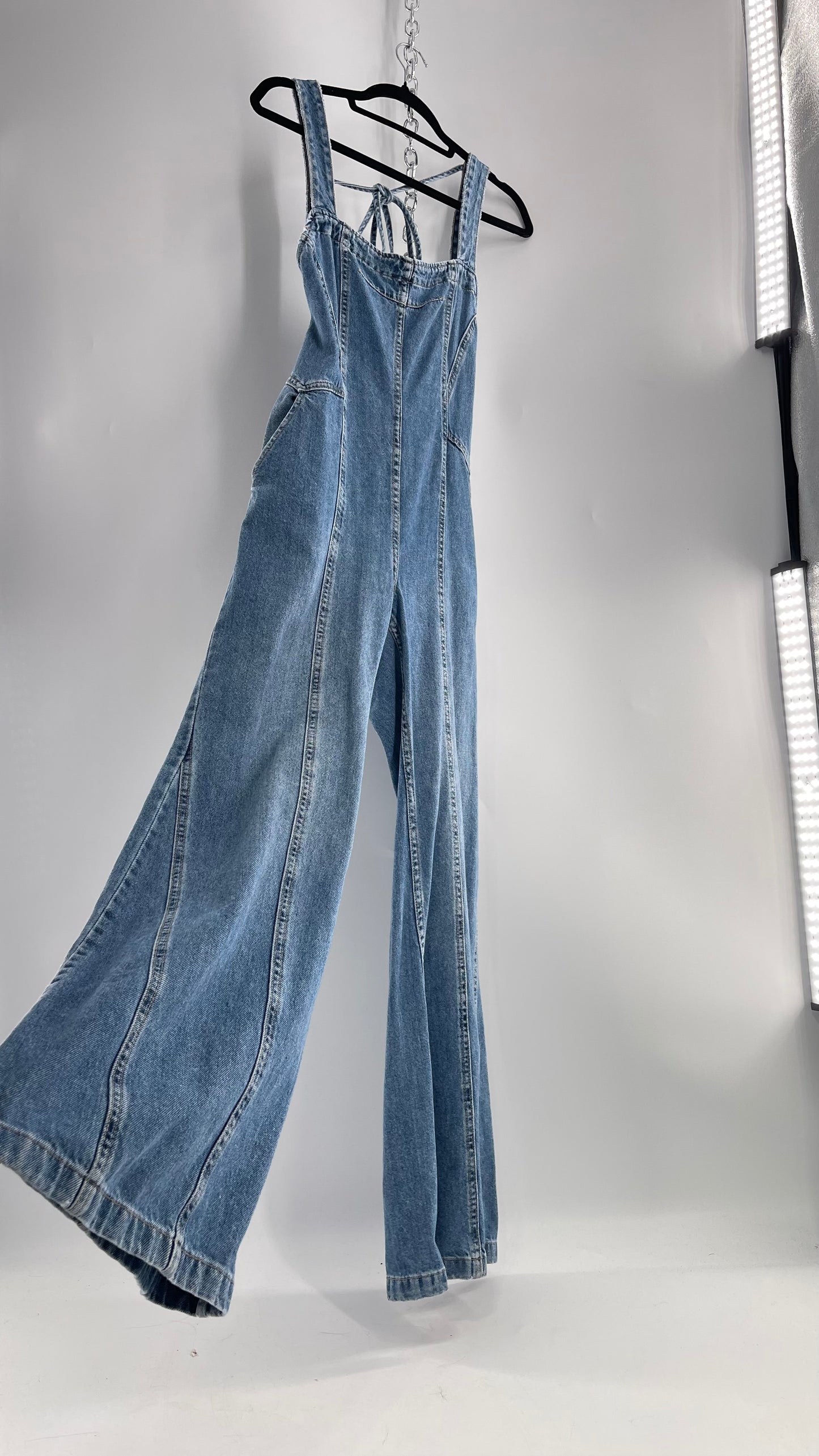 Free People Denim Backless Wide Leg Jumpsuit with Tags Attached (Small)