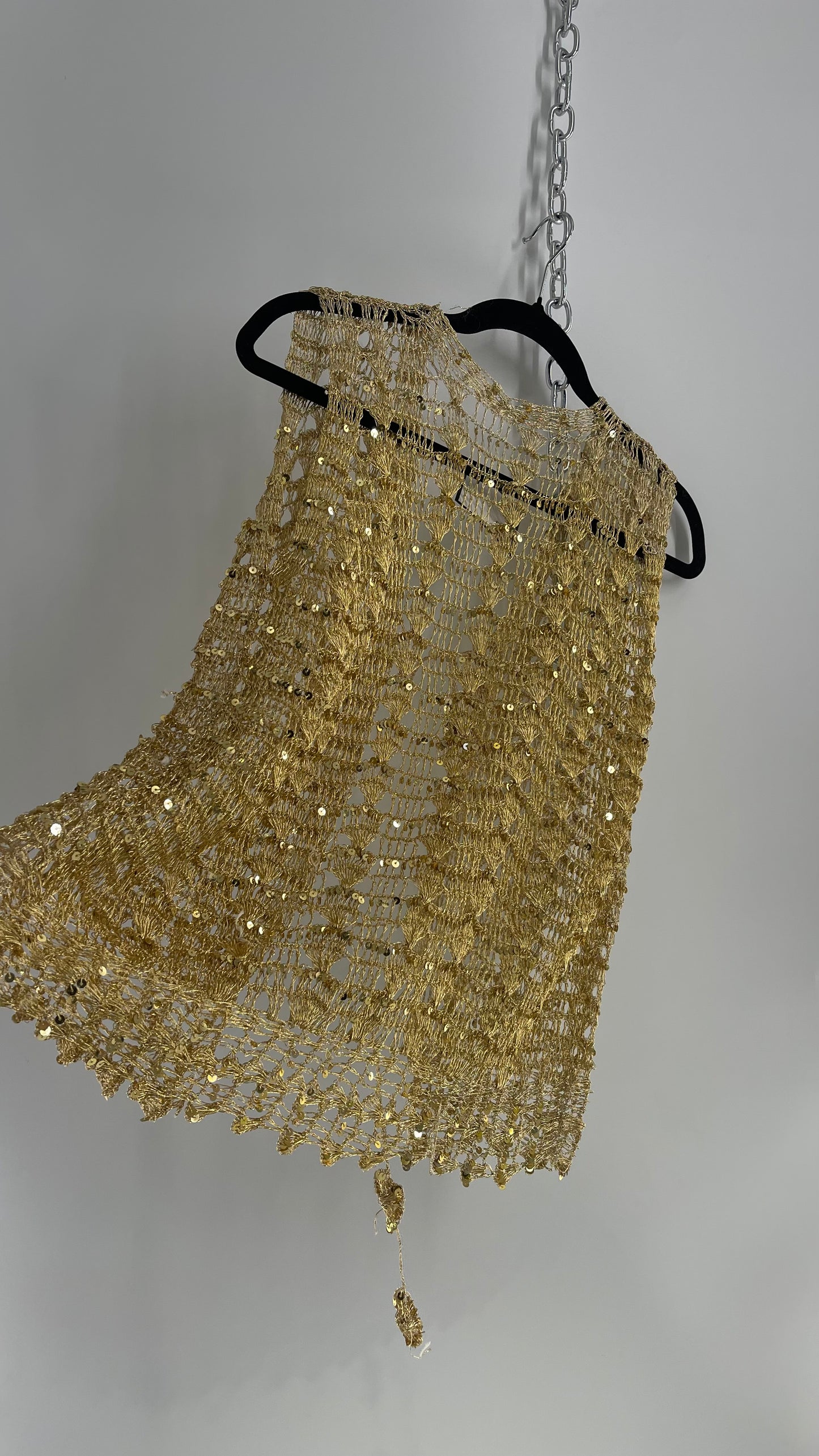 Vintage Gold Crochet Sequin Tie Bust Vest (S/M)