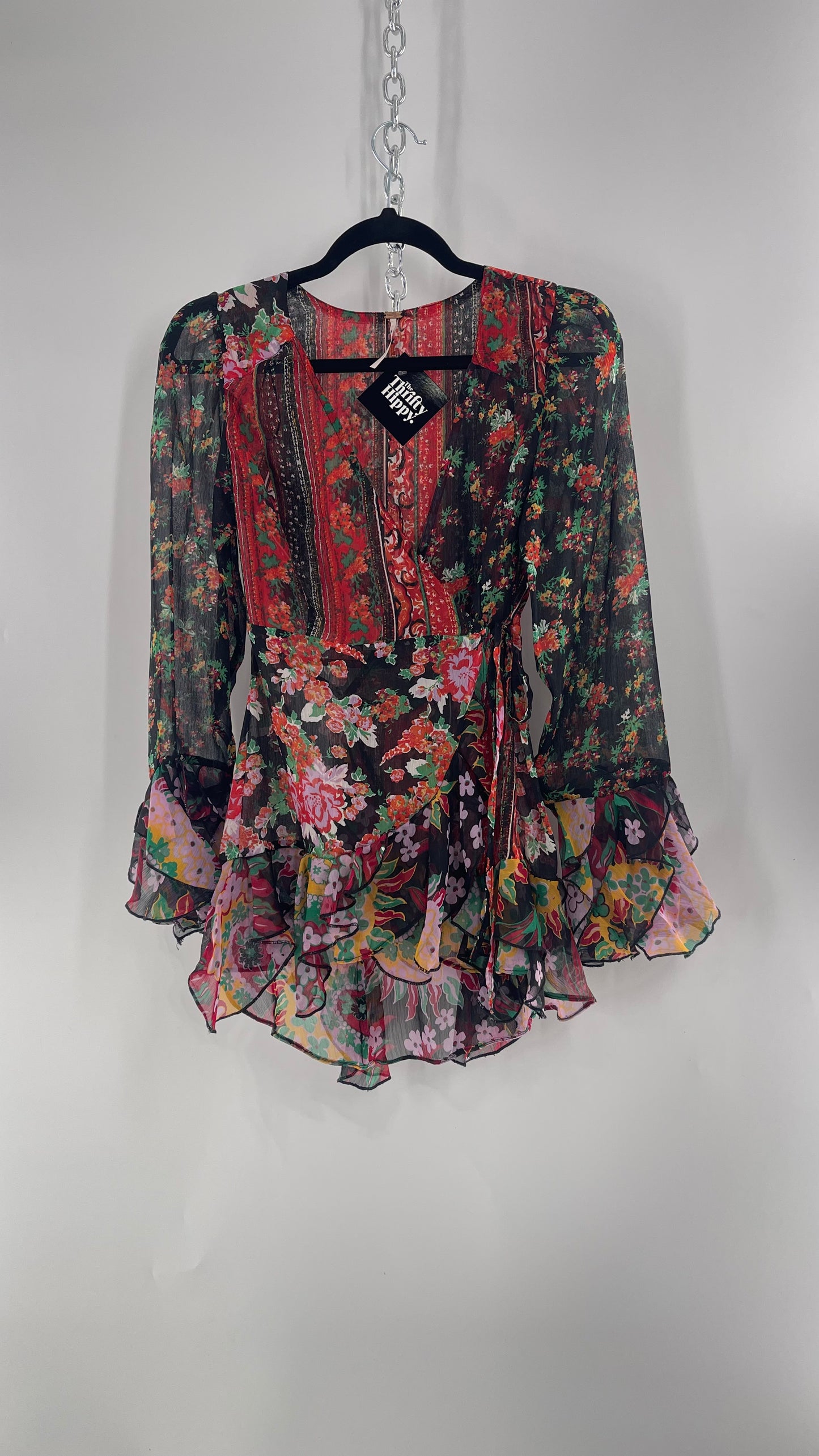 Free People Black Colorful Floral Tie Front Blouse with Ruffled Sleeves and Hem(XS)