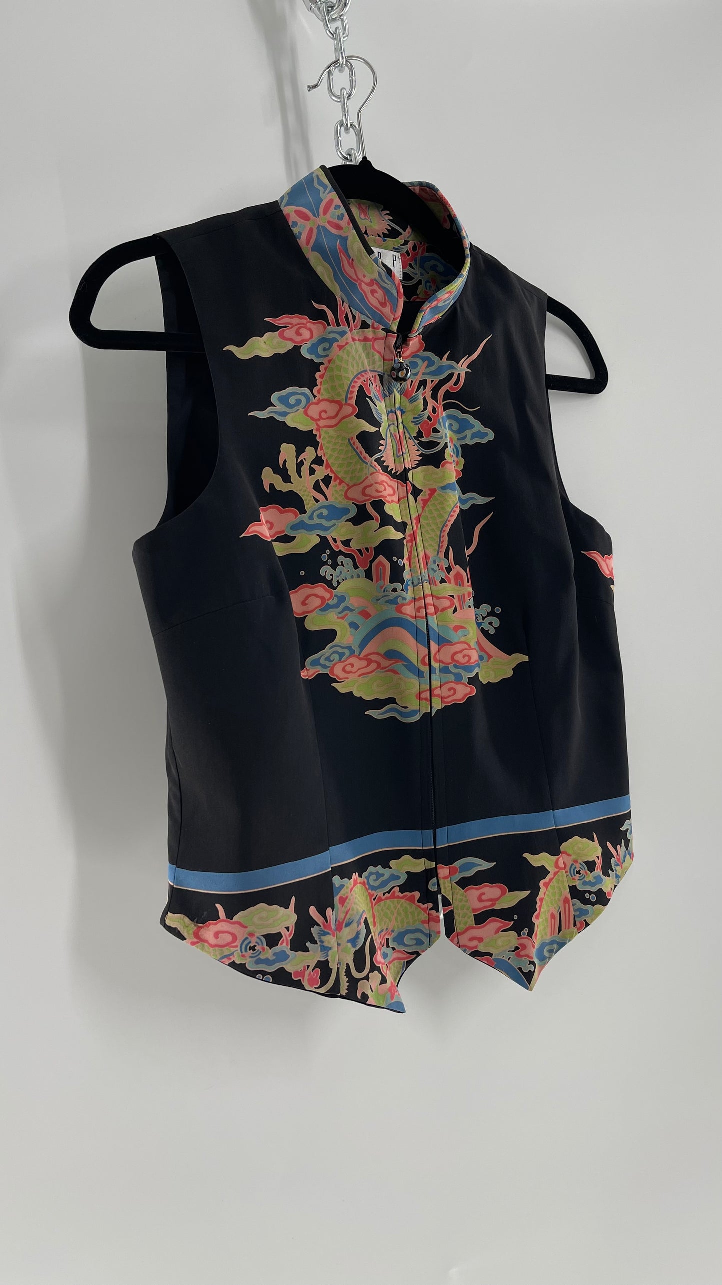 Vintage 1990s TAPP NEW YORK 100% Dragon Graphic Zip Front Crop Sleeveless Vest Top Silk (Medium)