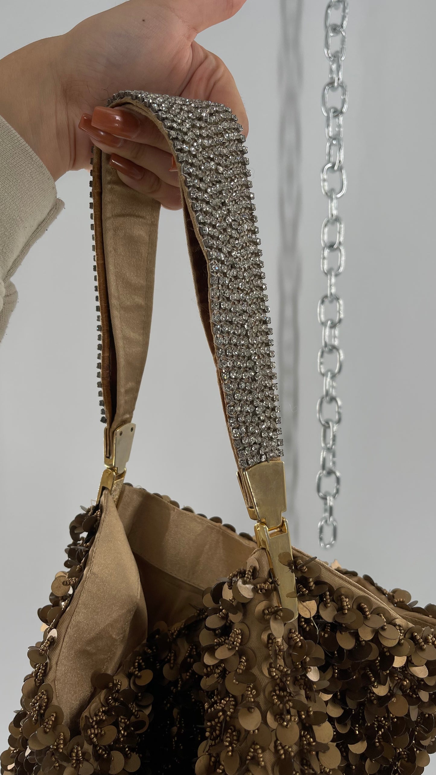 Deadstock The Find Marvelous Bronze Beaded Sequin Tote Bag with Gemstone Strap