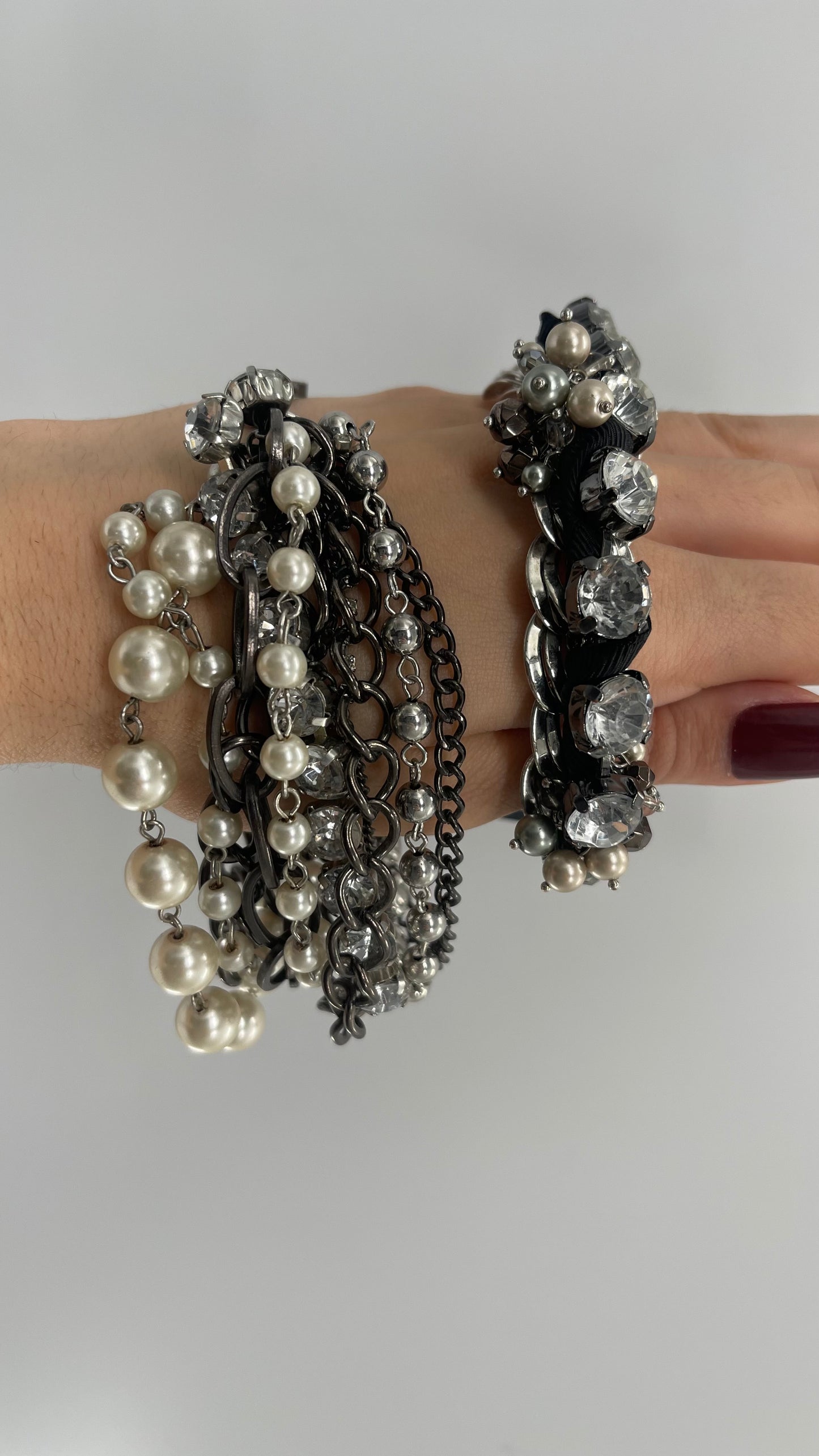Vintage Heavy Layered Pearl Gunmetal Chain and Oversized Rhinestone 2pc Bracelet Set