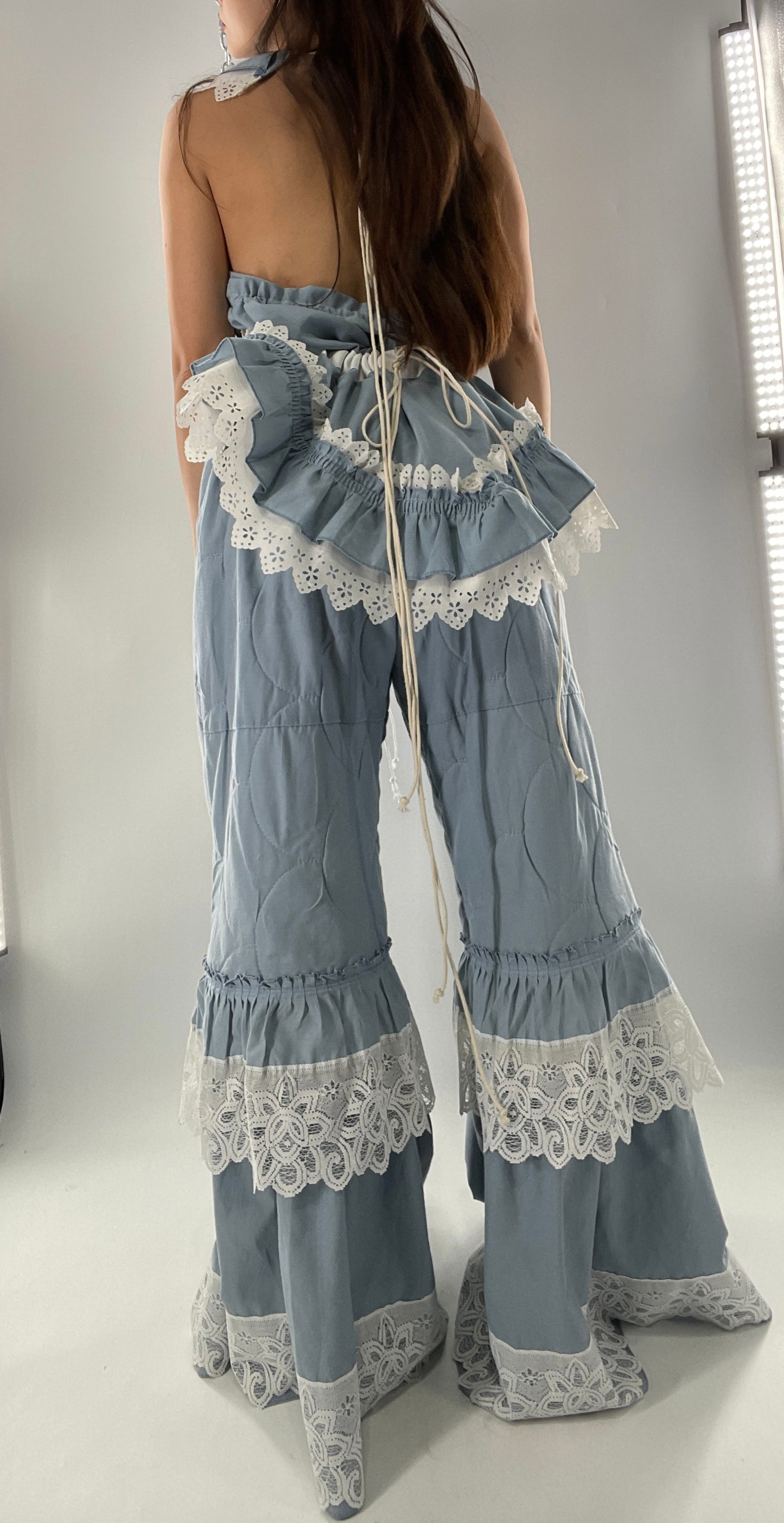 Vintage 2 Piece Powder Blue Set Featuring 2Way Blouse and Quilted Trousers Covered in Ruffles, Lace and Trim (One Size)