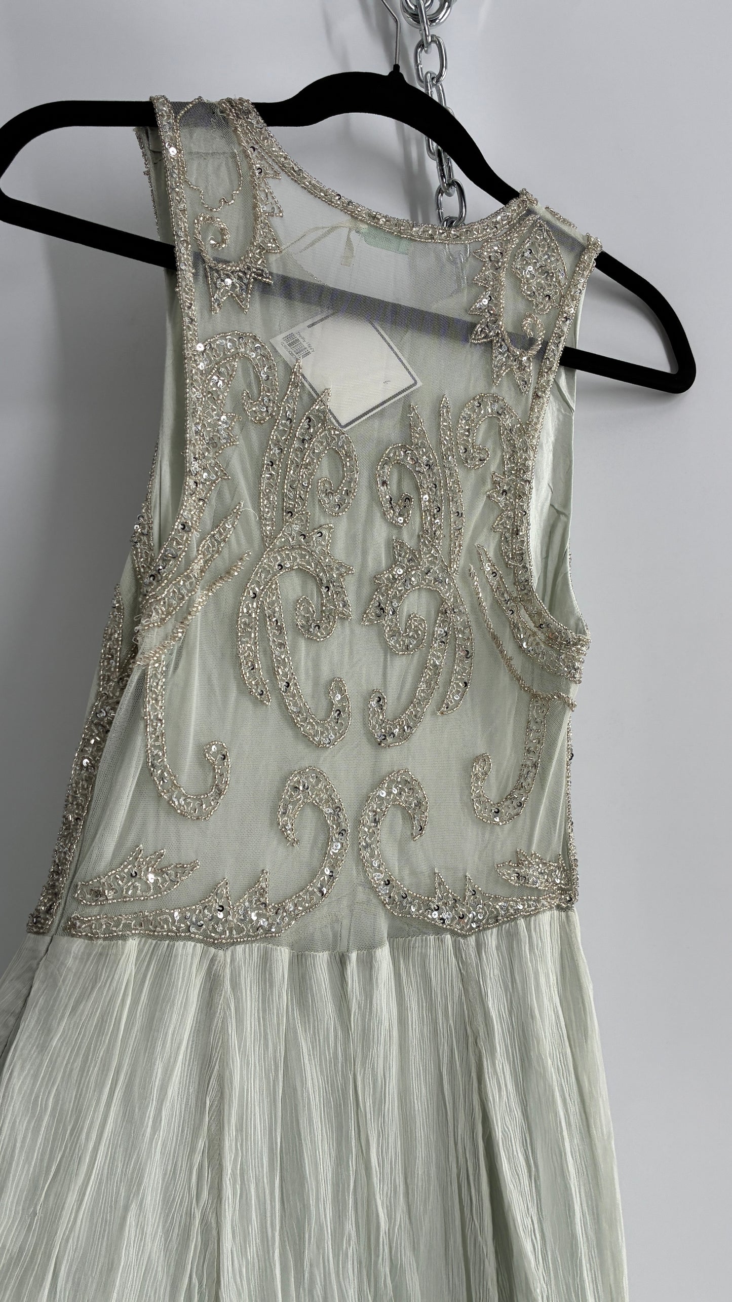 KIMCHI BLUE Light Greyish Seafoam Green Crimped Gown with Beaded Bodice and Sheer Back (2)