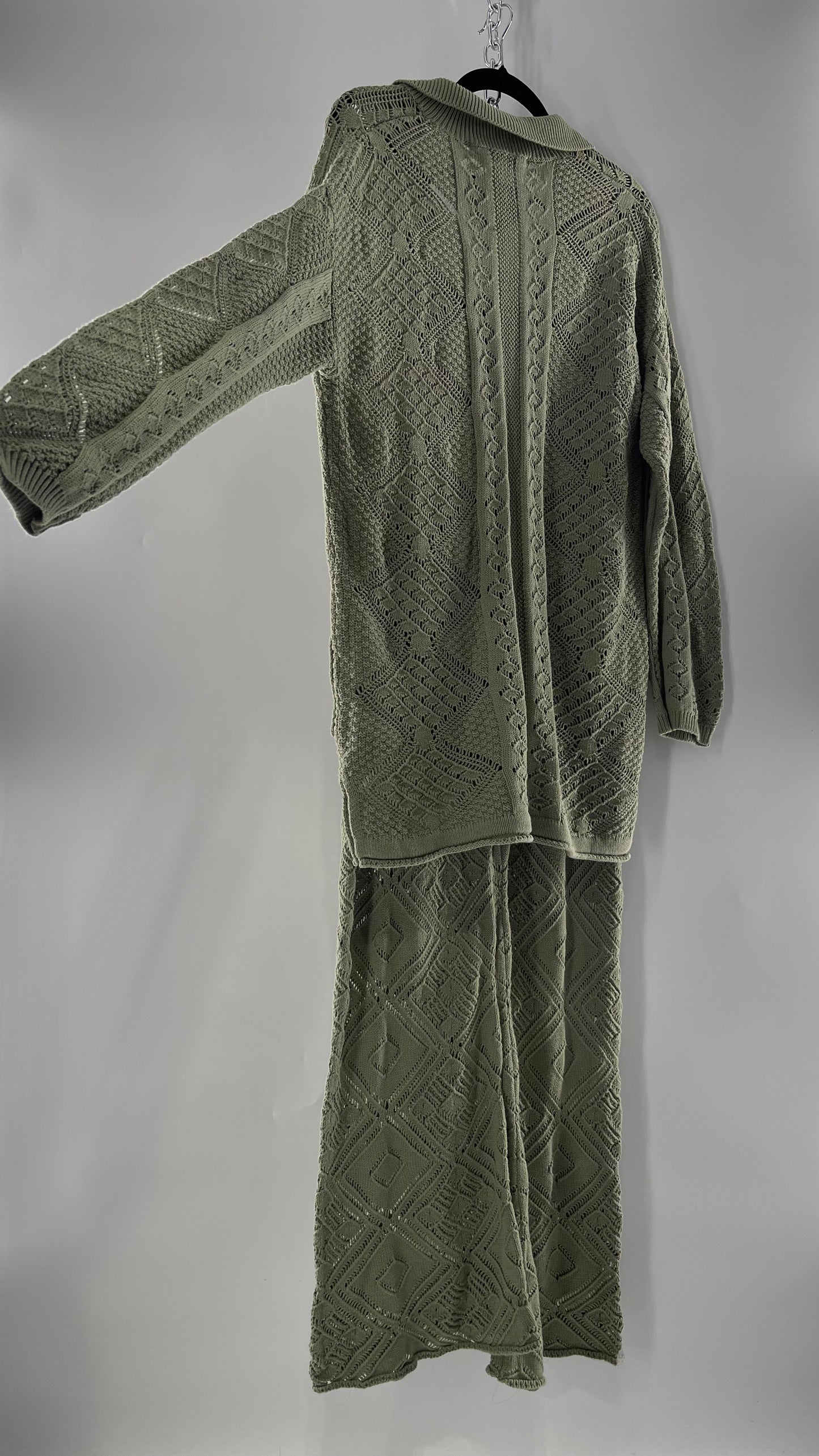 Free People Beach Sage Green Crochet Wooden Button Front Cardigan and Wide Leg Set (Medium)