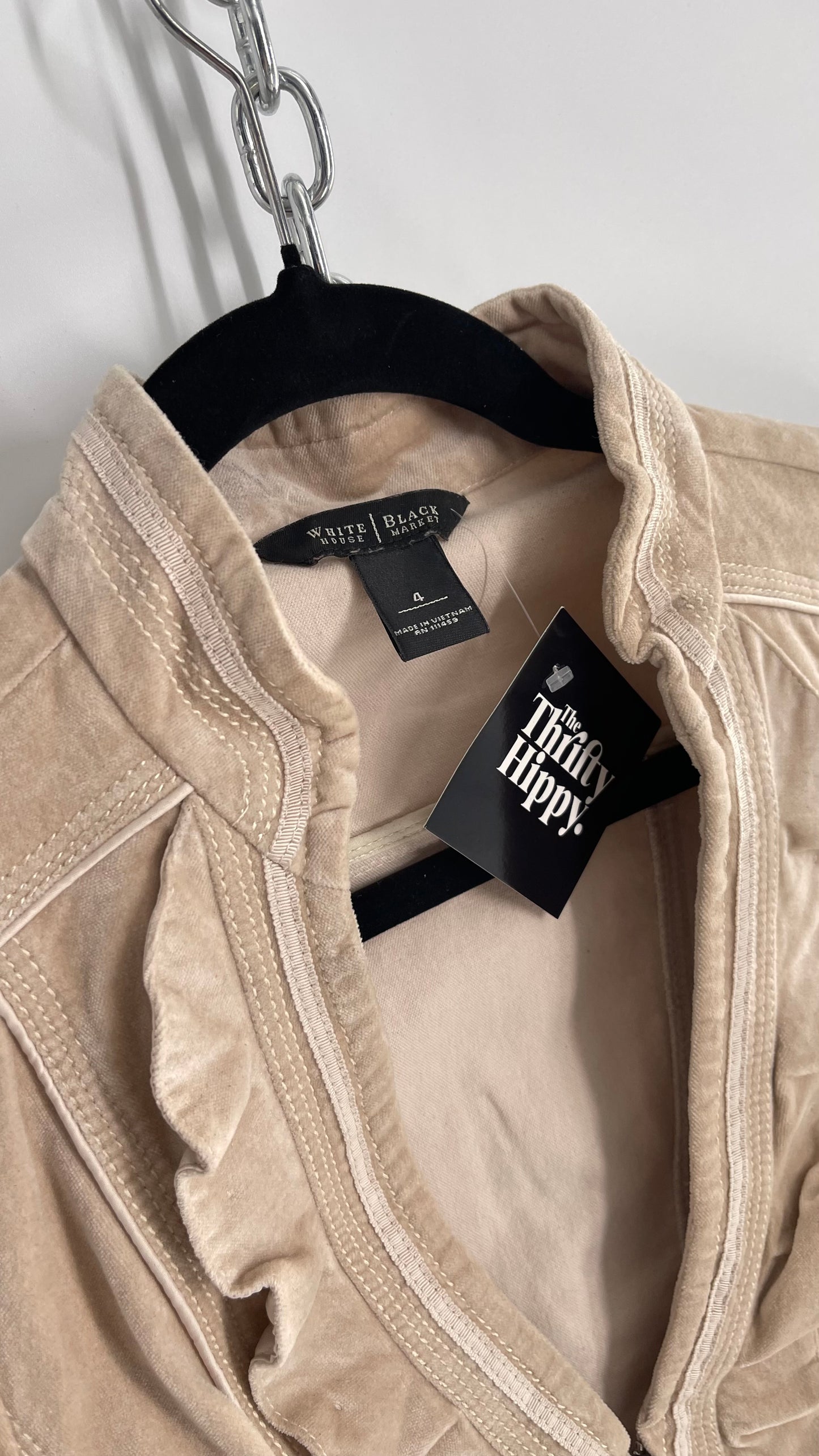 Vintage White House Black Market Ivory Velour Zip Front Ruffled Jacket Top (4)