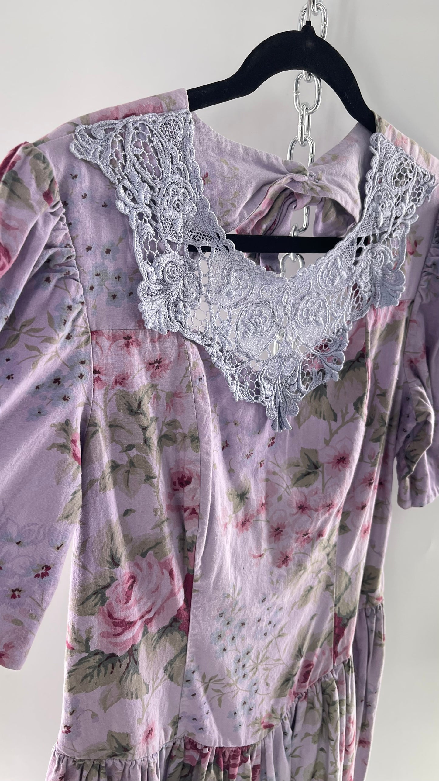 Vintage Urban Renewal Reworked and Upcycled Misty Lane Lilac/Lavender Floral Fit/Flare Dress with Sweetheart Neckline, Lace Detail and Bow Adorned Open Back (11/12)