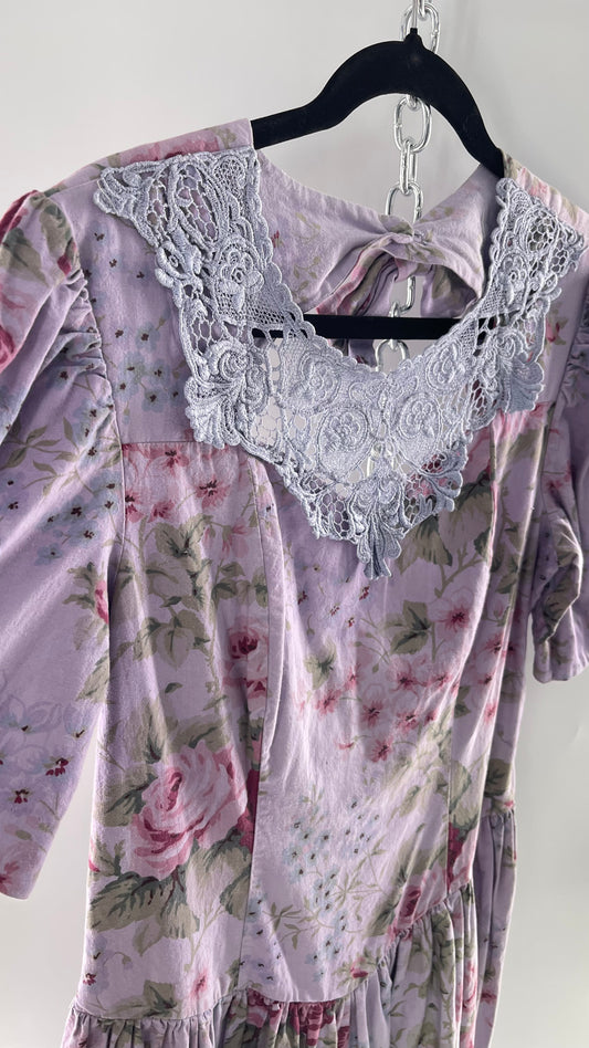 Vintage Urban Renewal Reworked and Upcycled Misty Lane Lilac/Lavender Floral Fit/Flare Dress with Sweetheart Neckline, Lace Detail and Bow Adorned Open Back  (11/12)
