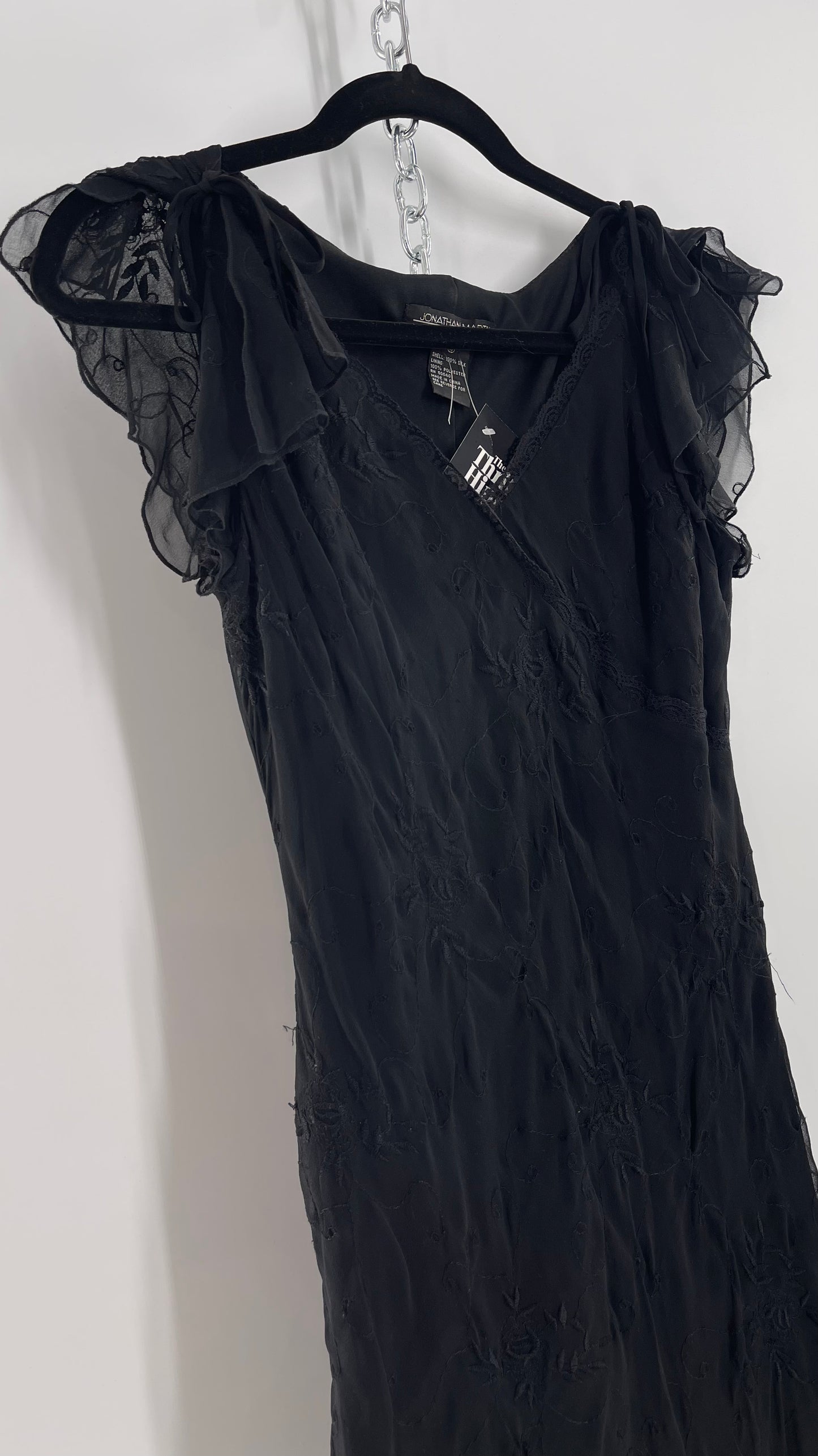 Vintage Jonathan Martin 100% Silk Black Embroidered MIDI Dress with Tie Shoulder Detail (10)