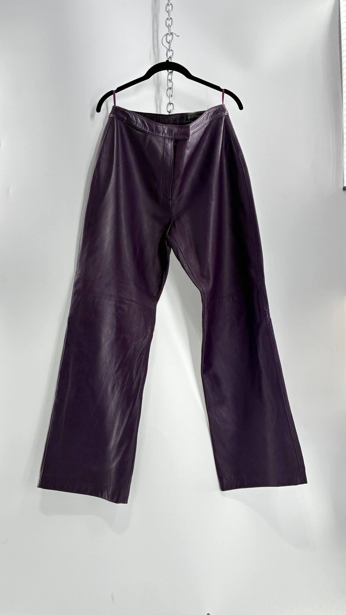 Vintage SHIN CHOI Genuine Italian Leather Purple Side Closure Low Rise Pants (12)