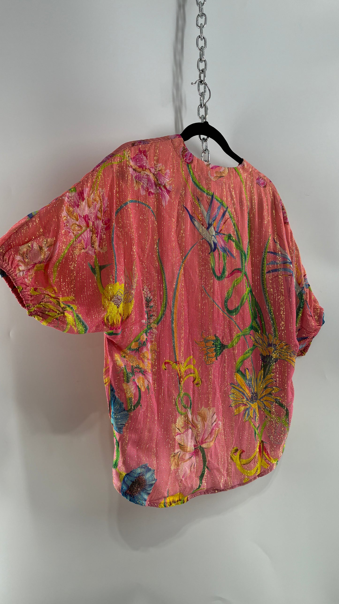 JUST BELLINA Pink Tropical Patterned Puff Sleeve Blouse with Gold Threading and Tags Attached (Small)