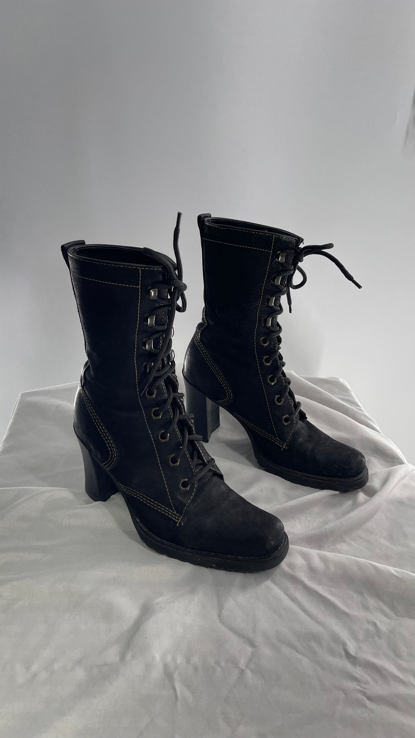 Vintage Nine West Leather Black Lace Up Combat Boots (7)