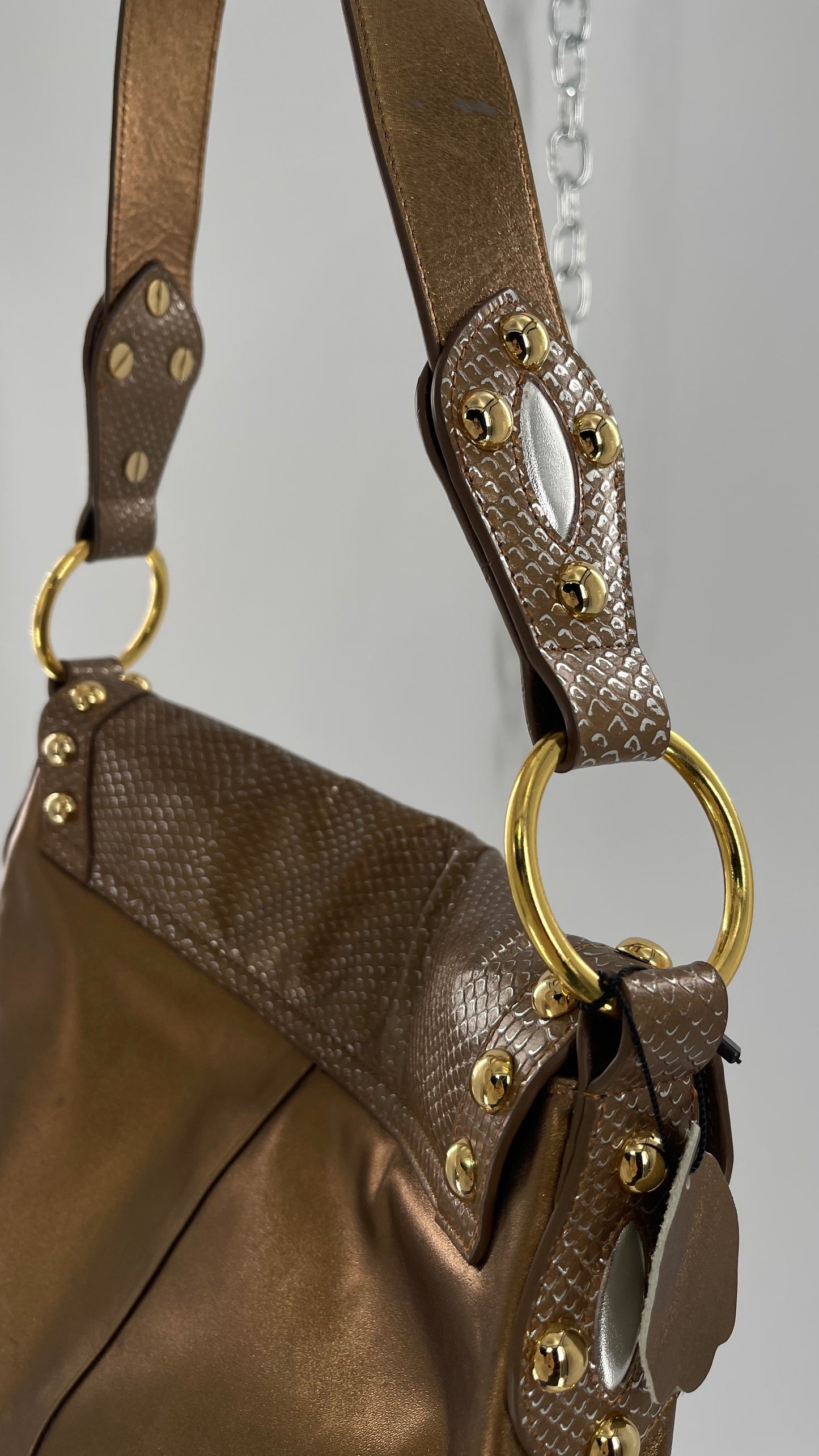 Deadstock Vintage The Find Grandeur Bronze Bag with Grommets, Gemstones, Studs and Exaggerated Buckle