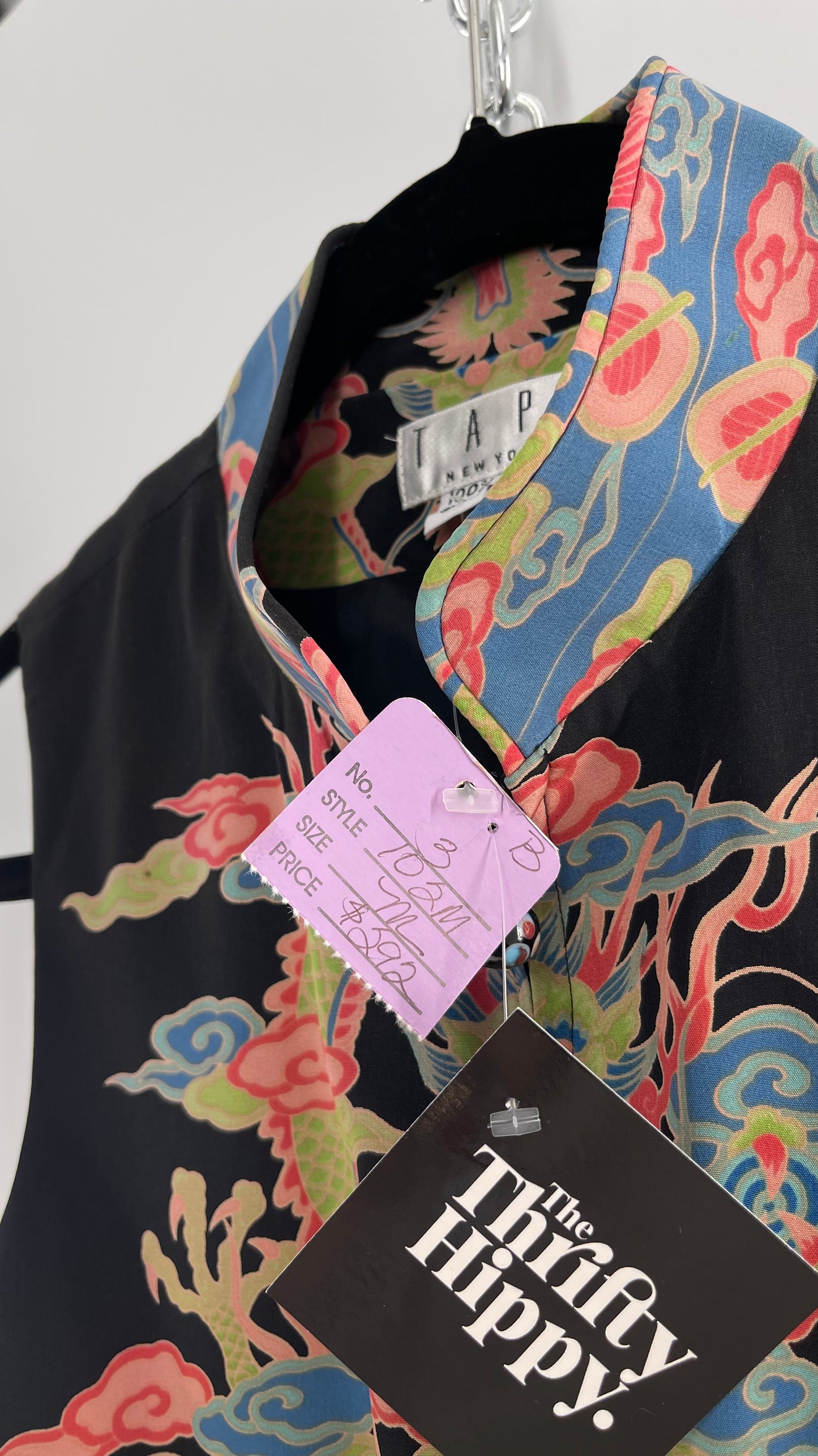 Vintage 1990s TAPP NEW YORK 100% Dragon Graphic Zip Front Crop Sleeveless Vest Top Silk (Medium)