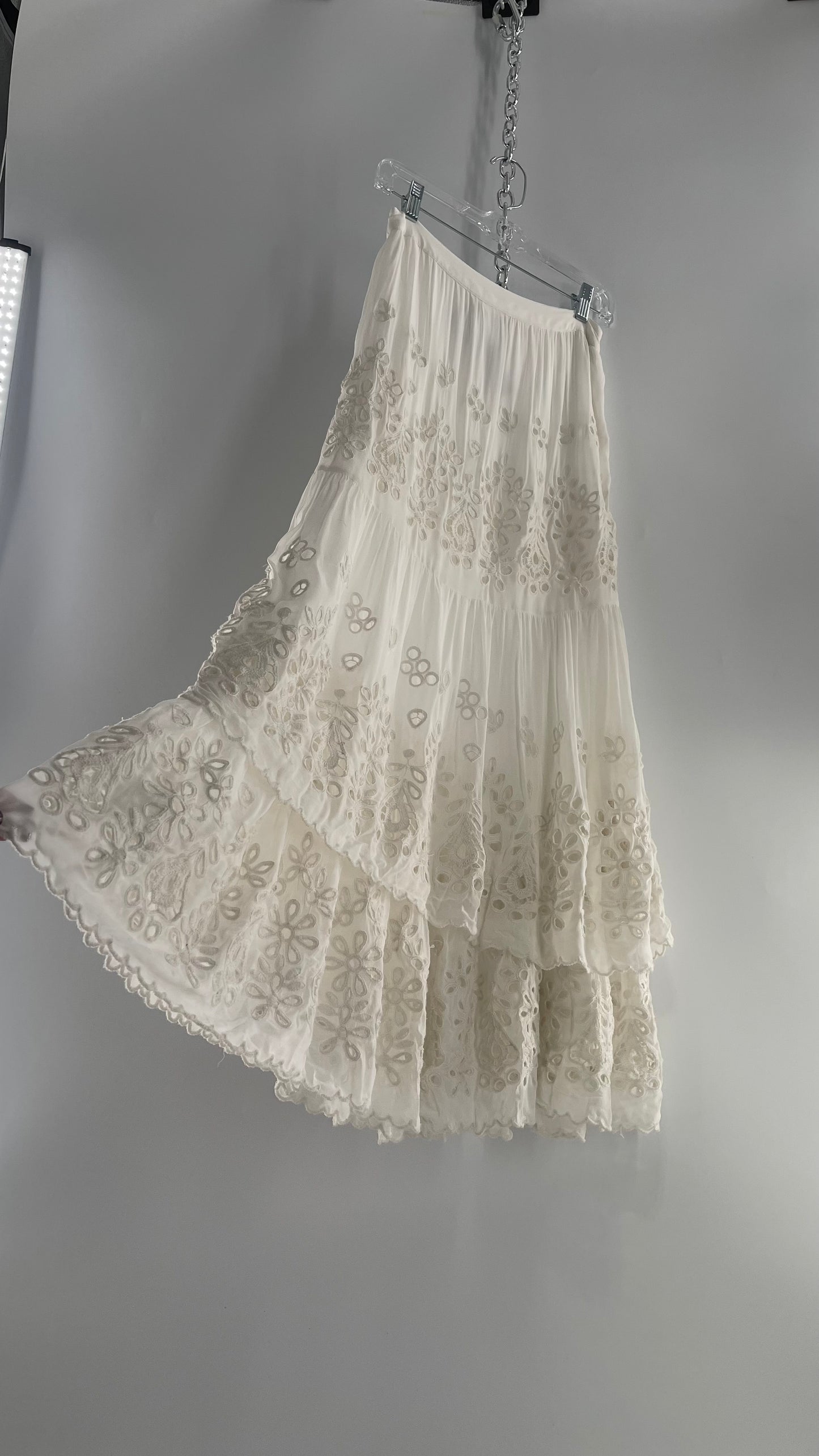 Free People White Embroidered Eyelet/Lace Voluminous Tiered Ruffle Full Length Skirt (4)