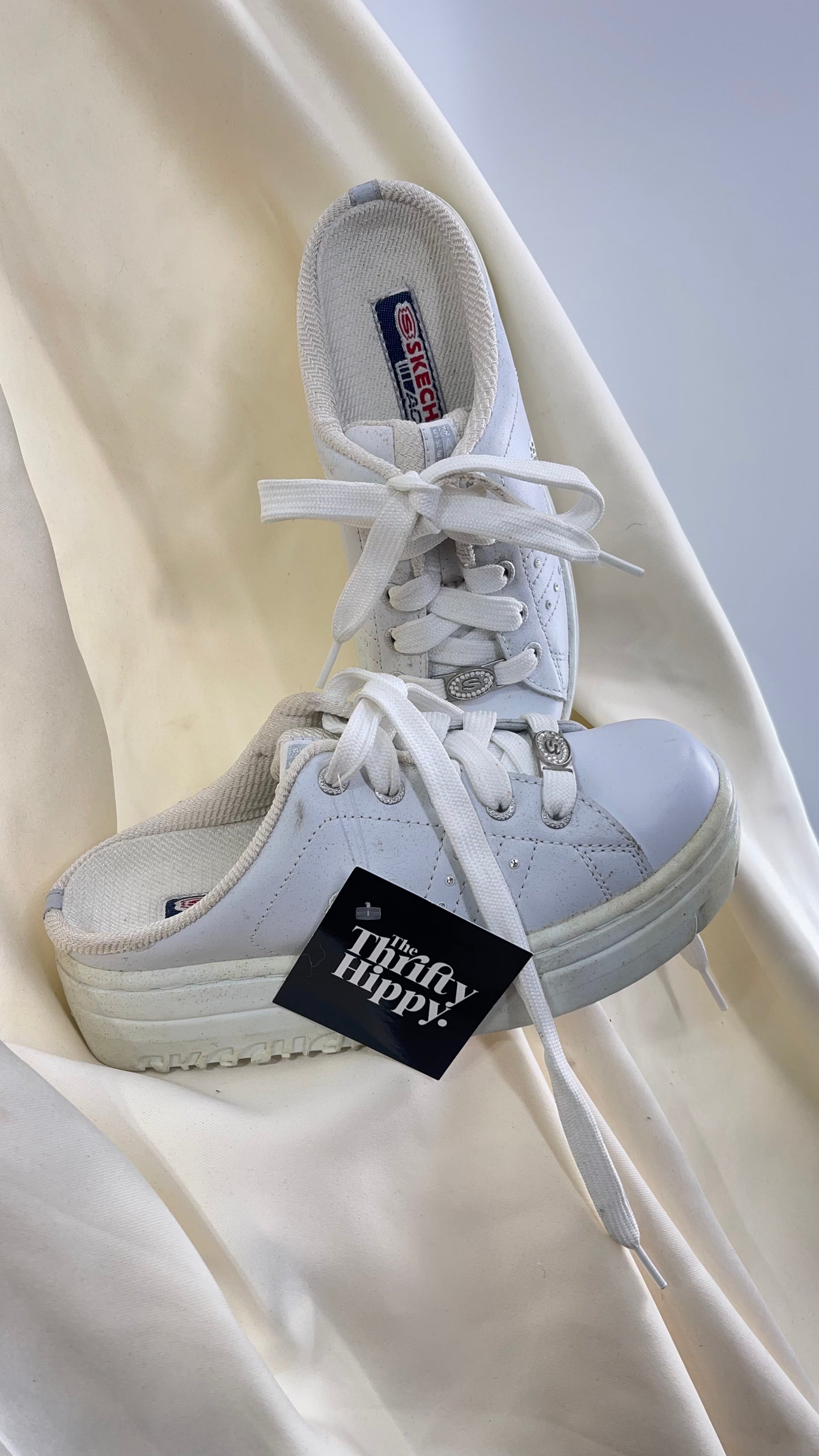 Vintage White Sketchers Slip on Platform Jammer Sneakers with Bedazzled Details (6)
