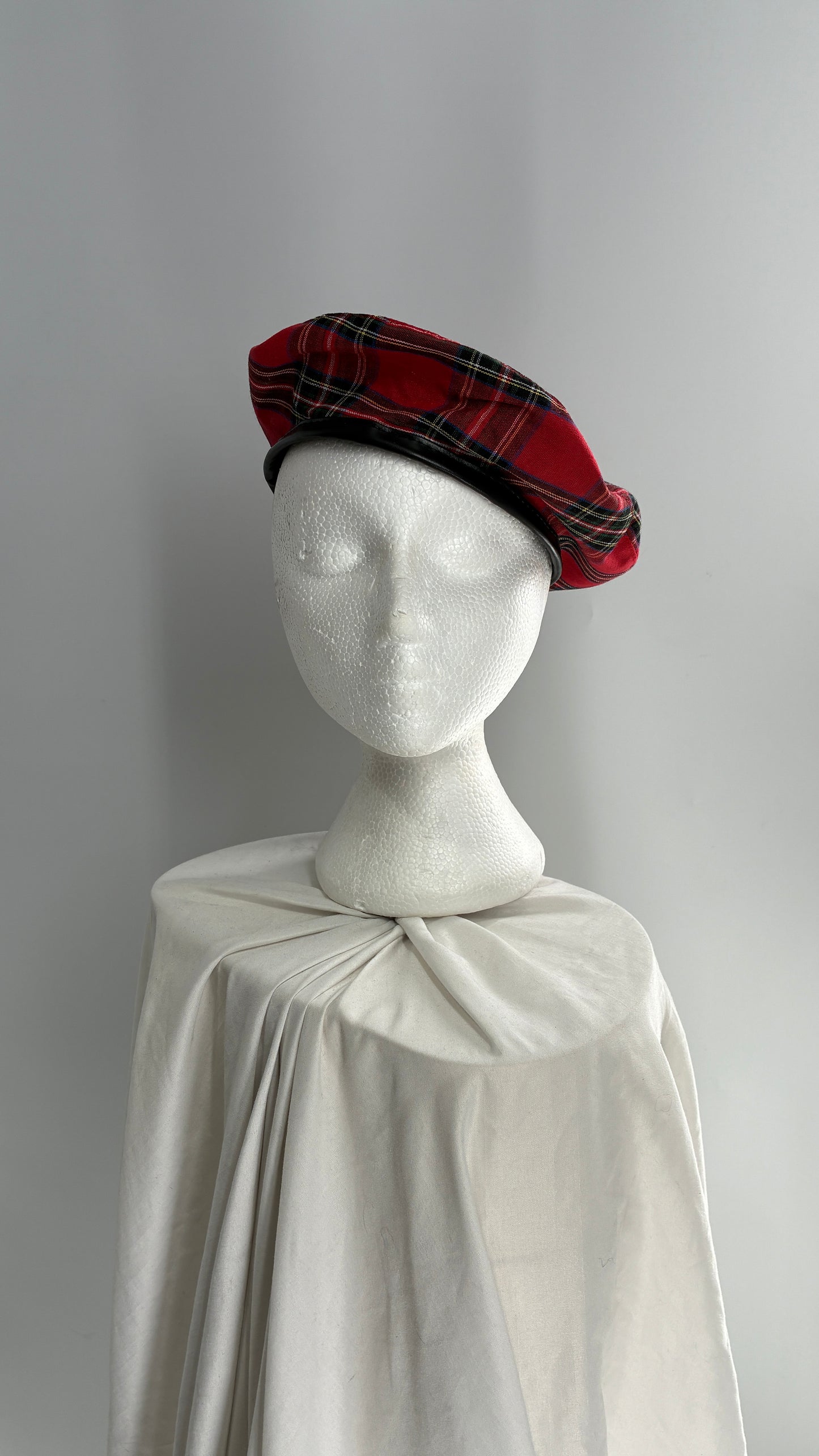 Red Plaid Beret with Vegan Leather Strap with Silver Metal Hardware